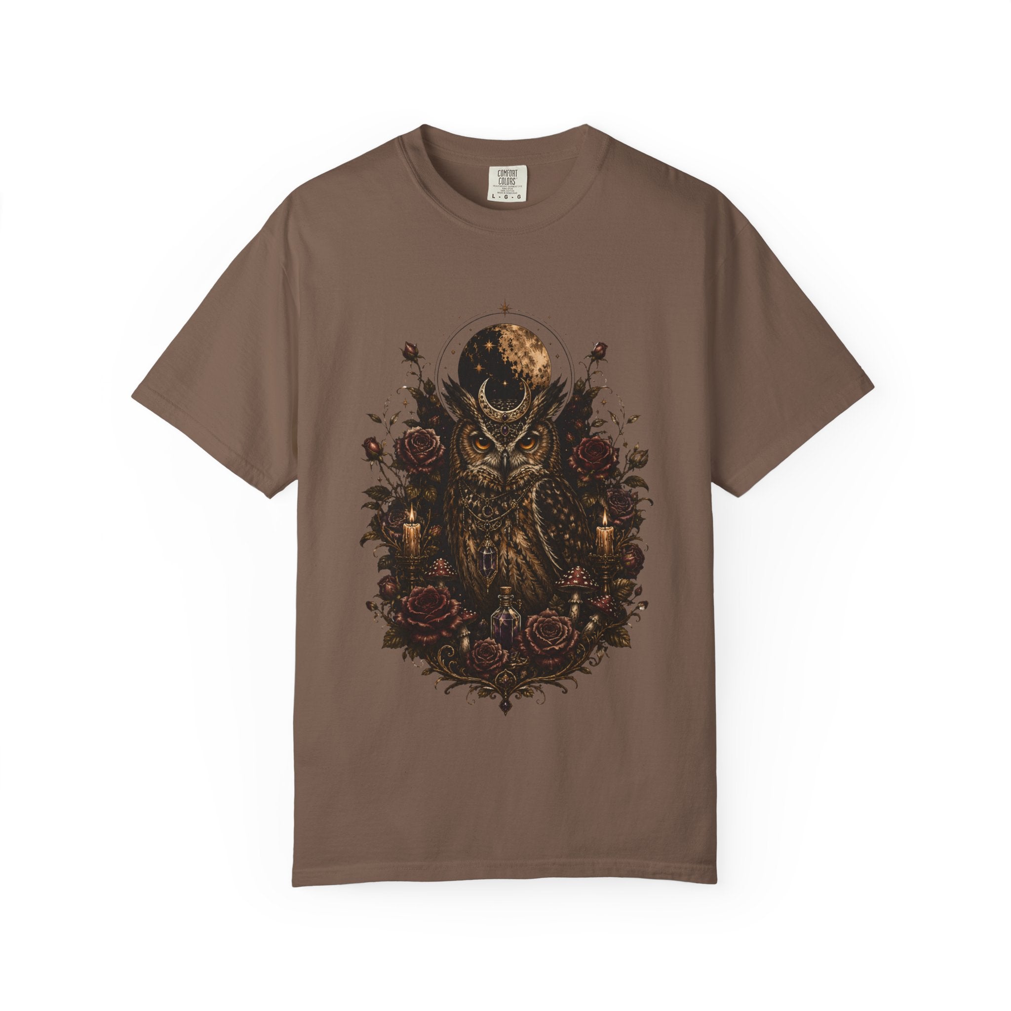 Owl Moon Graphic T-Shirt — Gothic Owl with Roses