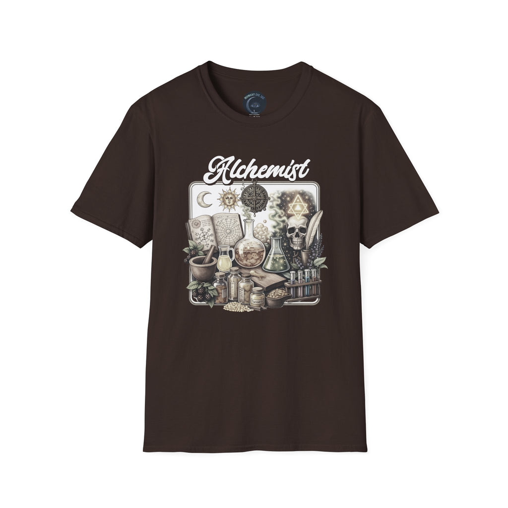 Alchemist Graphic T-Shirt — Vintage Apothecary Potion & Skull Design - Mystical Tee - Midnight Eye, LLC