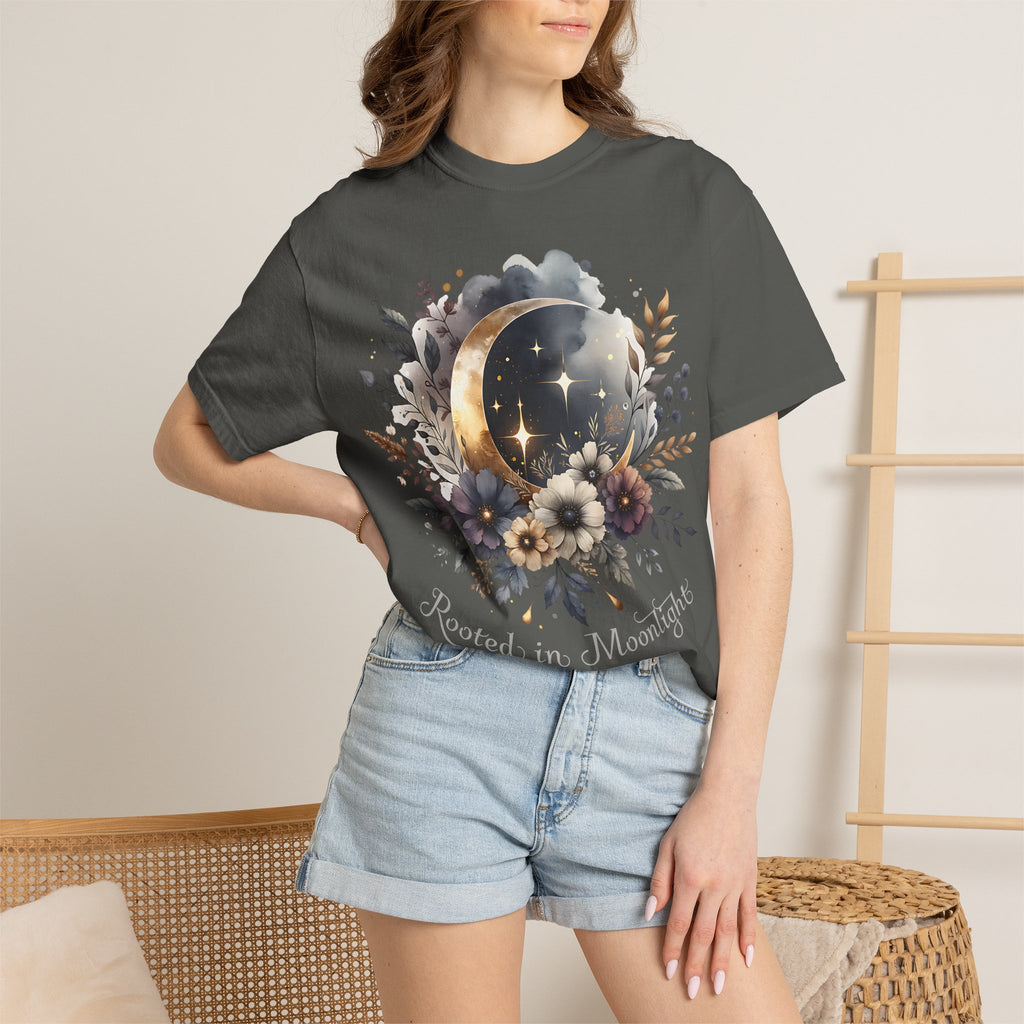Moonlight Blooms T-Shirt — 'Rooted in Moonlight' Floral Crescent Moon Tee. Midnight Eye, LLC