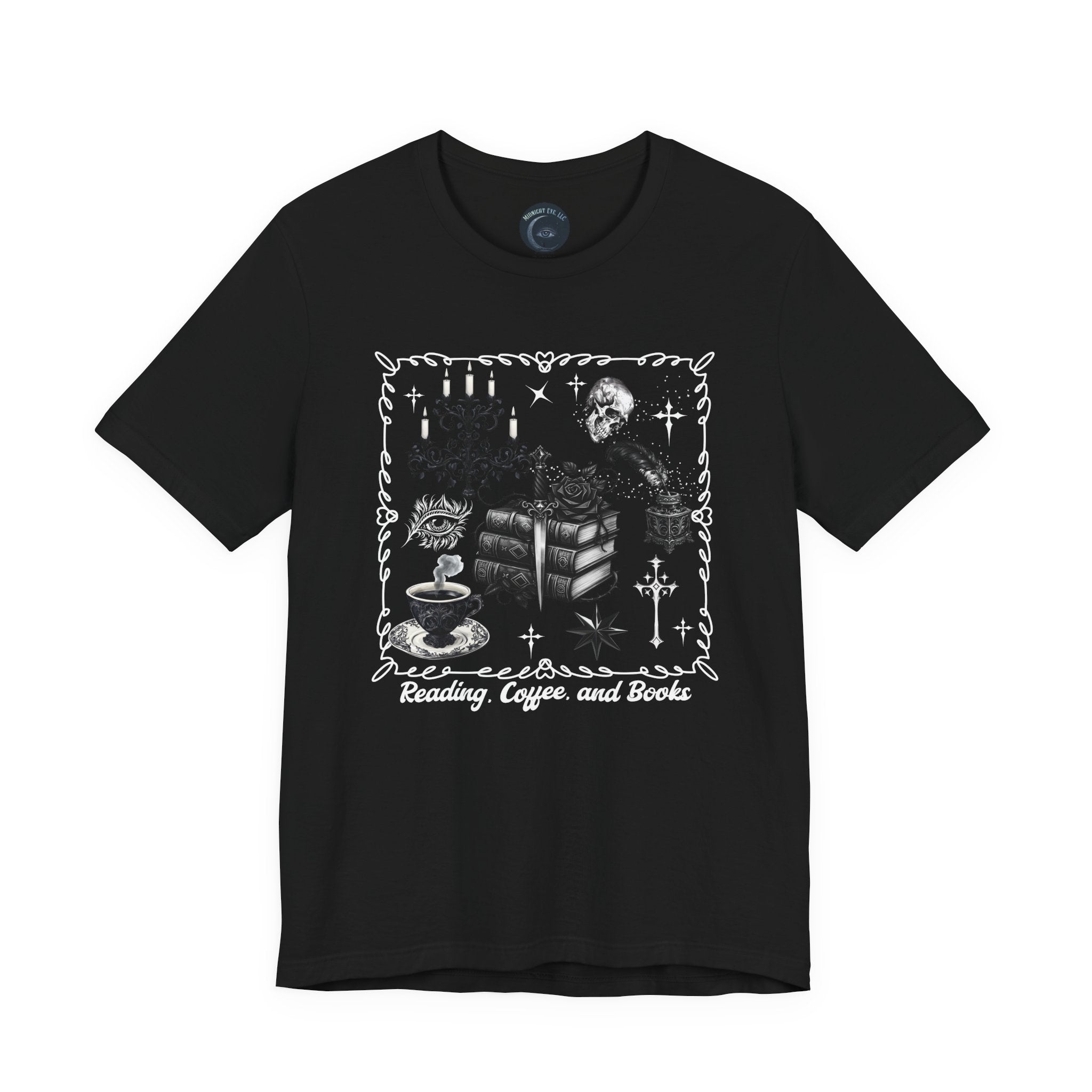 Reading, Coffee & Books T-Shirt — Cozy Gothic Booklover Tee - Dark Aesthetic T-Shirt