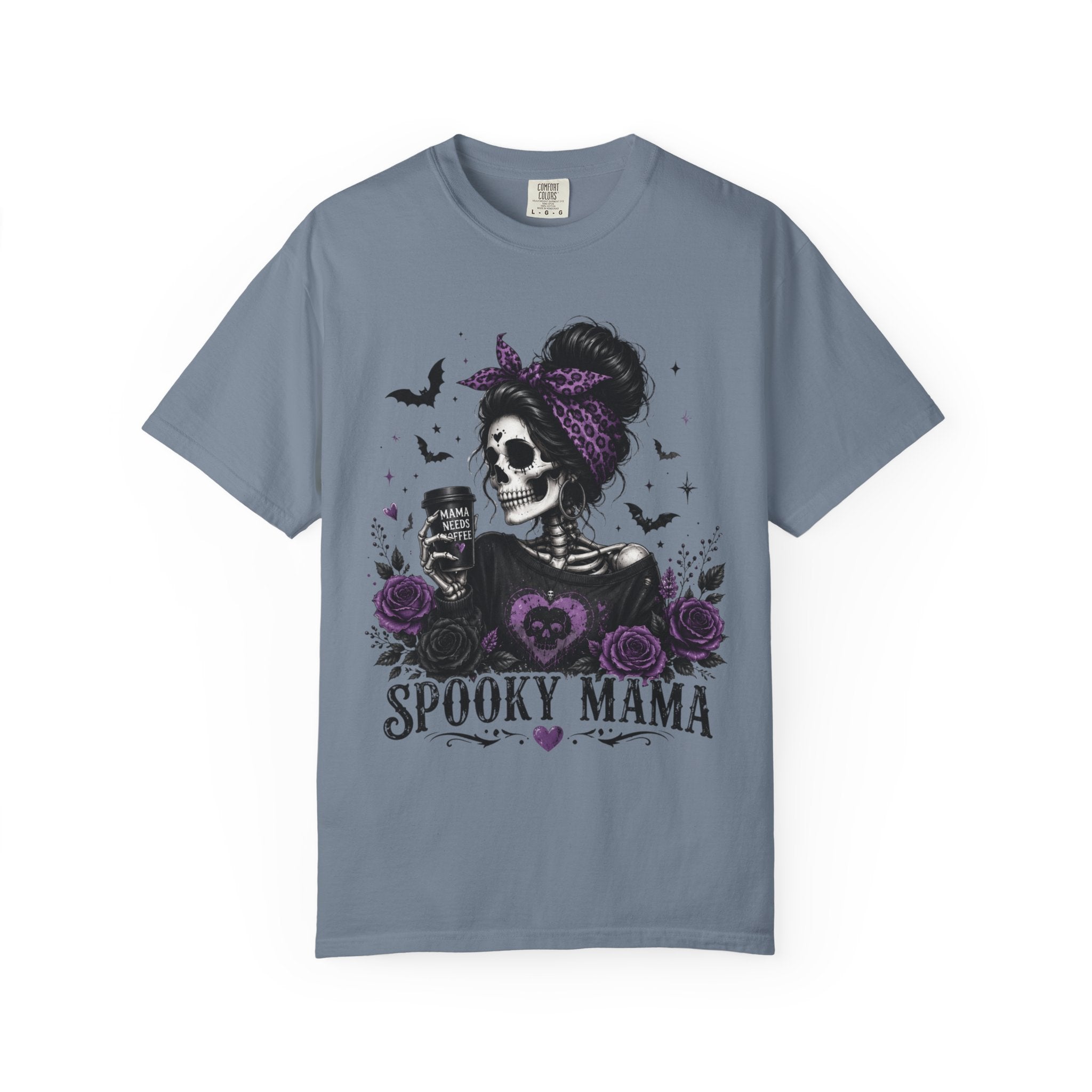 Spooky Mama T-Shirt — Gothic Skull  and Bats Mom Tee with Purple Roses. Midnight Eye, LLC. 
