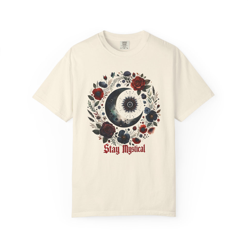 Mystical Moon T-Shirt — “Stay Mystical” Floral Crescent Tee - Dark Aesthetic T-Shirt. Midnight Eye, LLC.