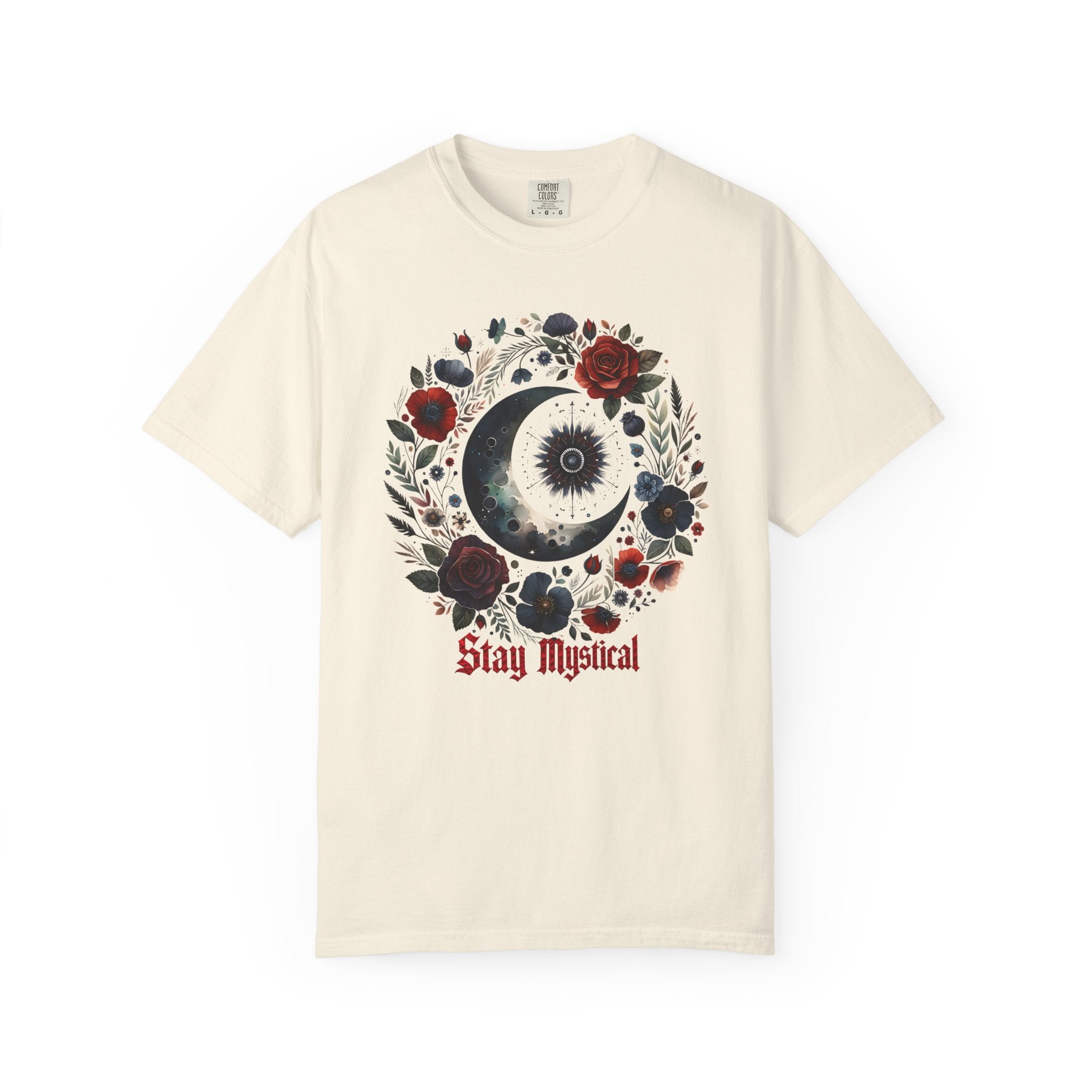 Mystical Moon T-Shirt — “Stay Mystical” Floral Crescent Tee - Dark Aesthetic T-Shirt. Midnight Eye, LLC.