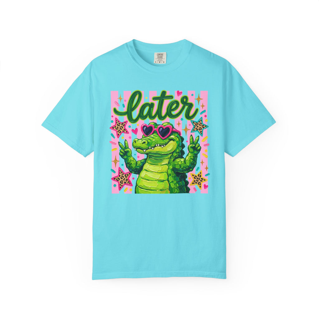 Funny Coquette Faux Brushstroke Stripped T-Shirt - Funny Alligator with Sunglasses Tee - Midnight Eye, LLC