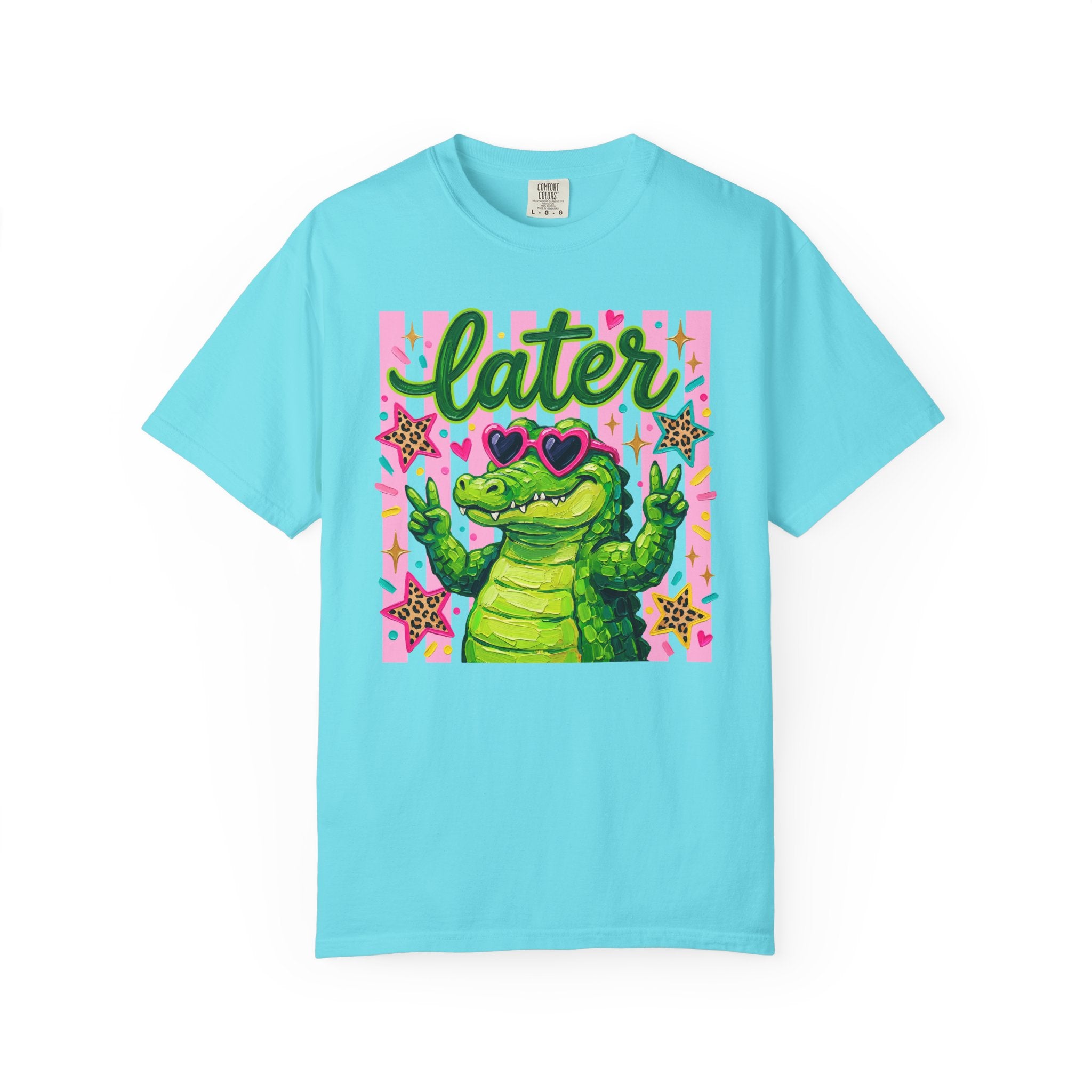 Funny Coquette Faux Brushstroke Stripped T-Shirt - Funny Alligator with Sunglasses Tee - Midnight Eye, LLC