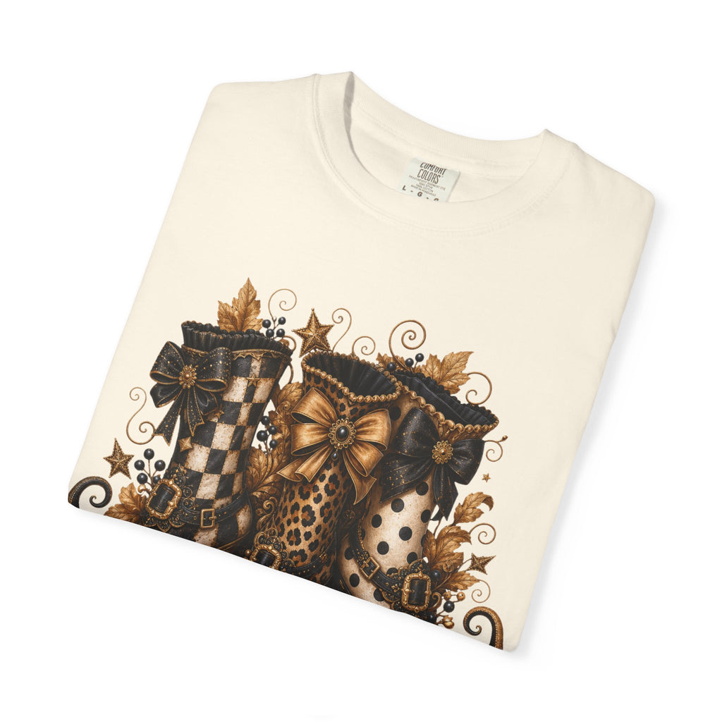 Halloween Cat Bow T-Shirt — Autumn Pumpkin & Checkered Witch Boots Graphic Tee