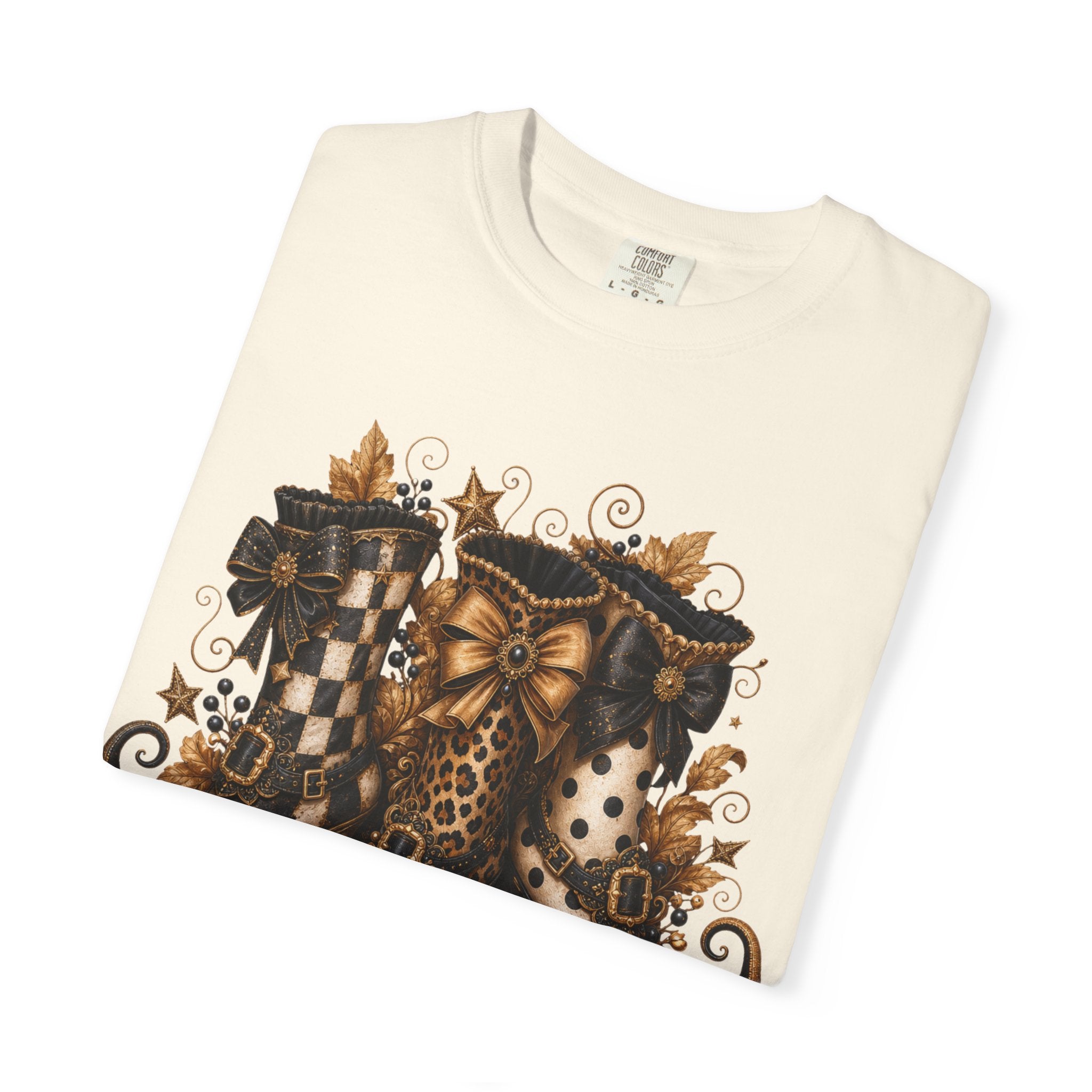 Halloween Cat Bow T-Shirt — Autumn Pumpkin & Checkered Witch Boots Graphic Tee