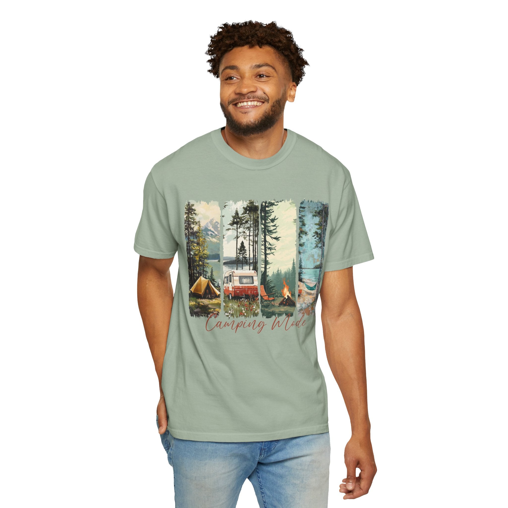 Camping Vibes T-Shirt — 'Camping Mode' Scenic Camper Retro Graphic Tee - Family Adventure Tee - Outdoor Tee. Midnight Eye, LLC