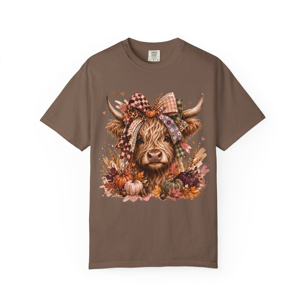 Autumn Highland Cow T-Shirt — Cute Fall Cow and Pumpkins Graphic Tee. Midnight Eye, LLC