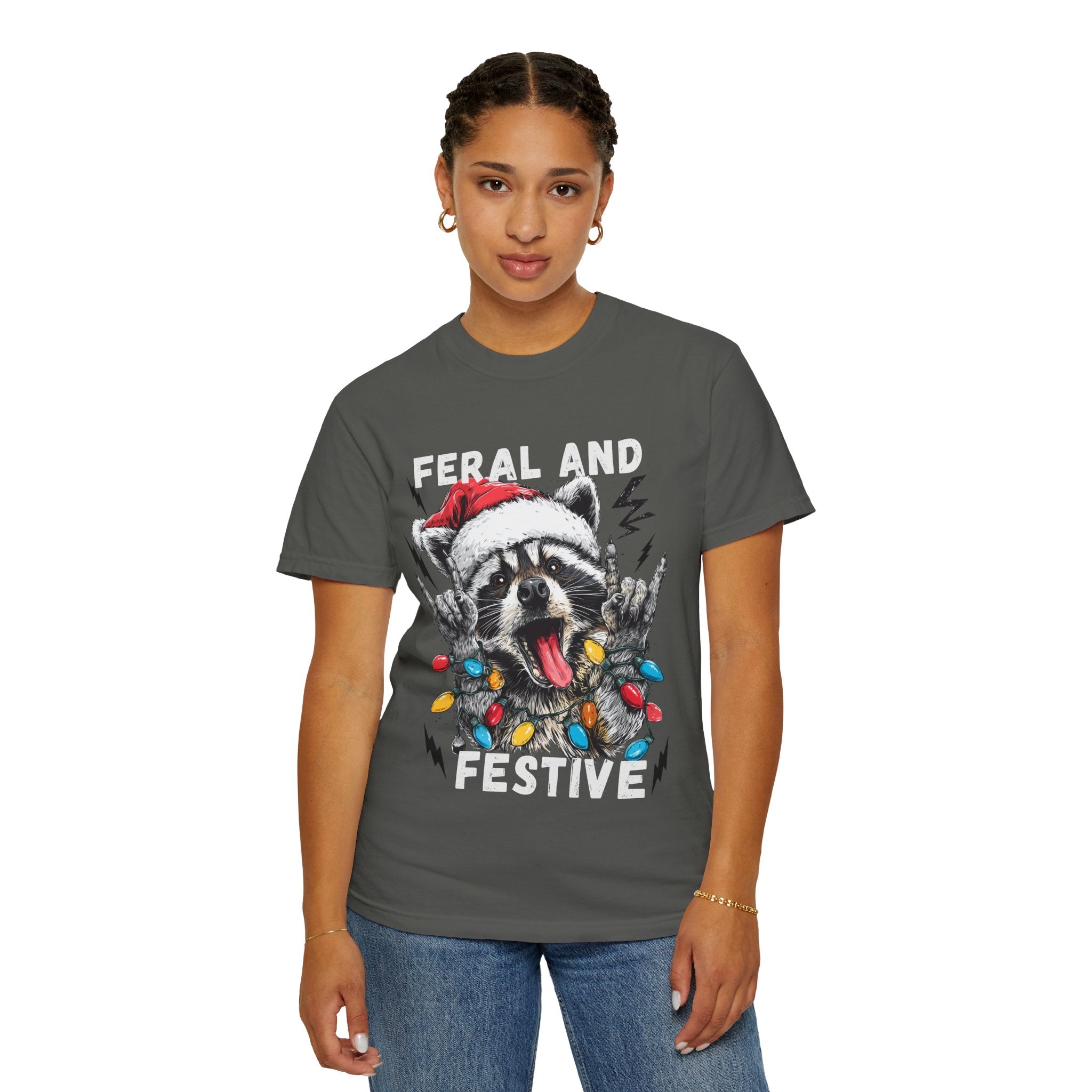 Feral and Festive Funny Raccoon Christmas T-Shirt - Racoon Graphic T-Shirt