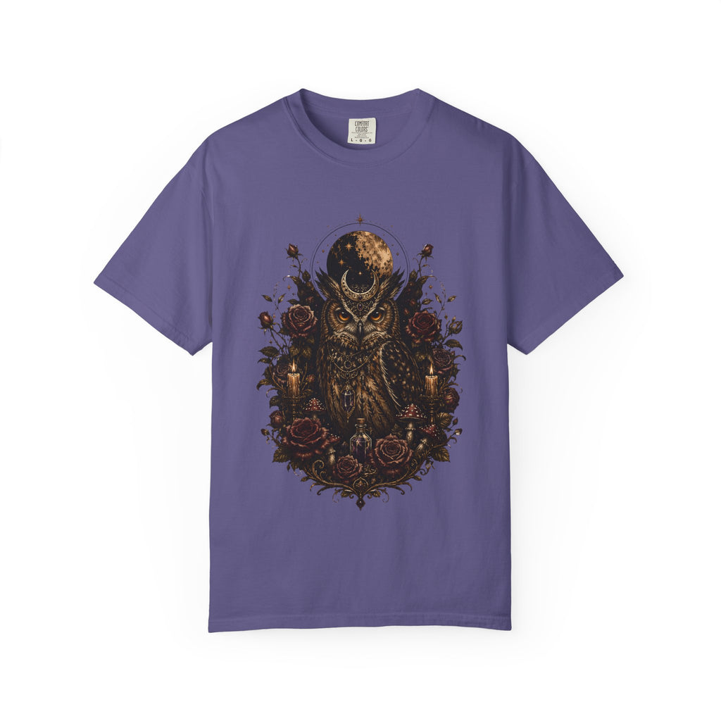 Owl Moon Graphic T-Shirt — Gothic Owl with Roses