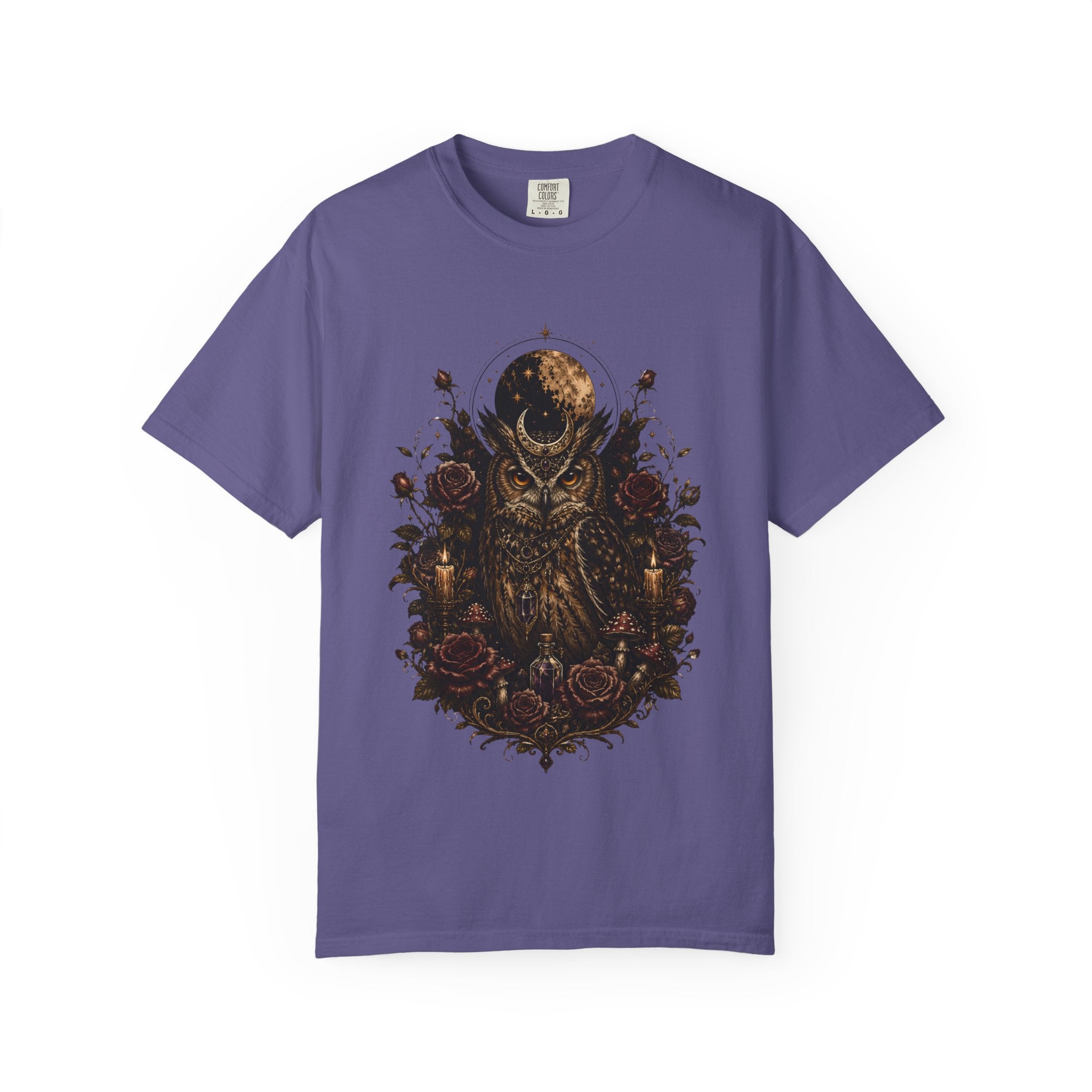 Owl Moon Graphic T-Shirt — Gothic Owl with Roses