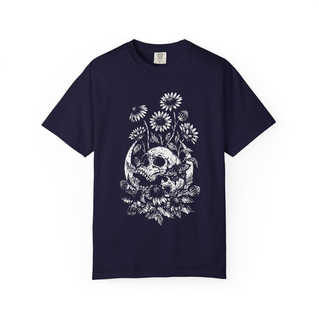 Moon Skull & Daisies Graphic T-Shirt - Half Tone Alternative Tee. Midnight Eye, LLC