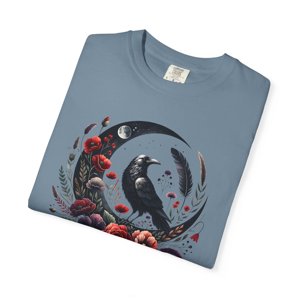 Moon Raven Floral T-Shirt — "Midnight Bloom" Graphic Tee - Mystical Moon Tee - Dark Aesthetic T-Shirt - Midnight Eye, LLC