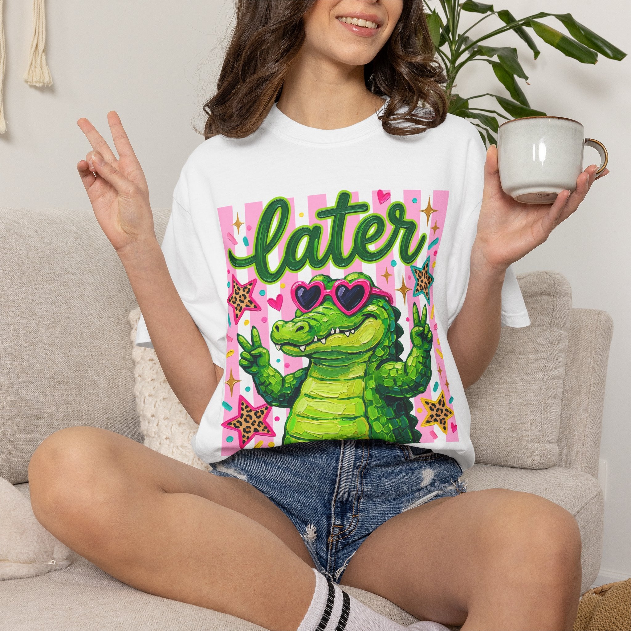 Funny Coquette Faux Brushstroke Stripped T-Shirt - Funny Alligator with Sunglasses Tee