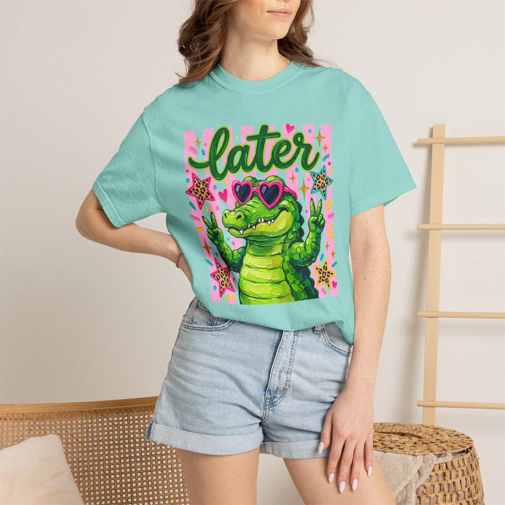 Funny Coquette Faux Brushstroke Stripped T-Shirt - Funny Alligator with Sunglasses Tee - Midnight Eye, LLC