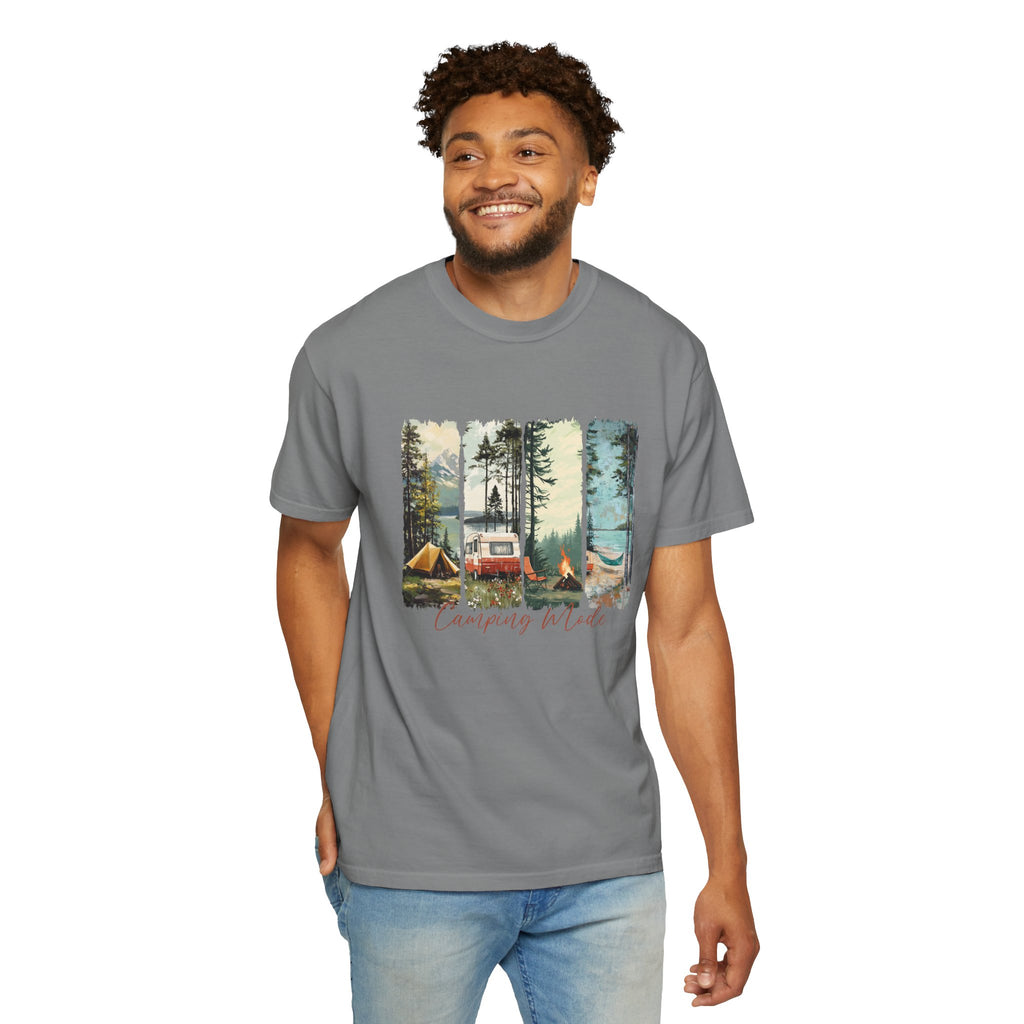 Camping Vibes T-Shirt — 'Camping Mode' Scenic Camper Retro Graphic Tee - Family Adventure Tee - Outdoor Tee - Midnight Eye, LLC