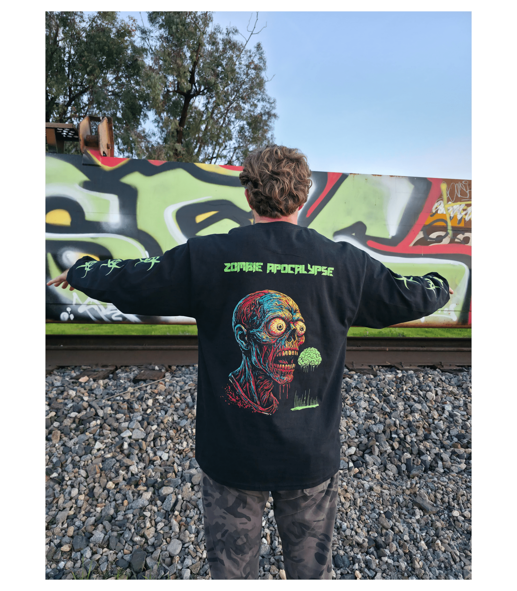 Zombie Apocalypse Long Sleeve Tee — Festival Neon Horror Graphic - Midnight Eye, LLC