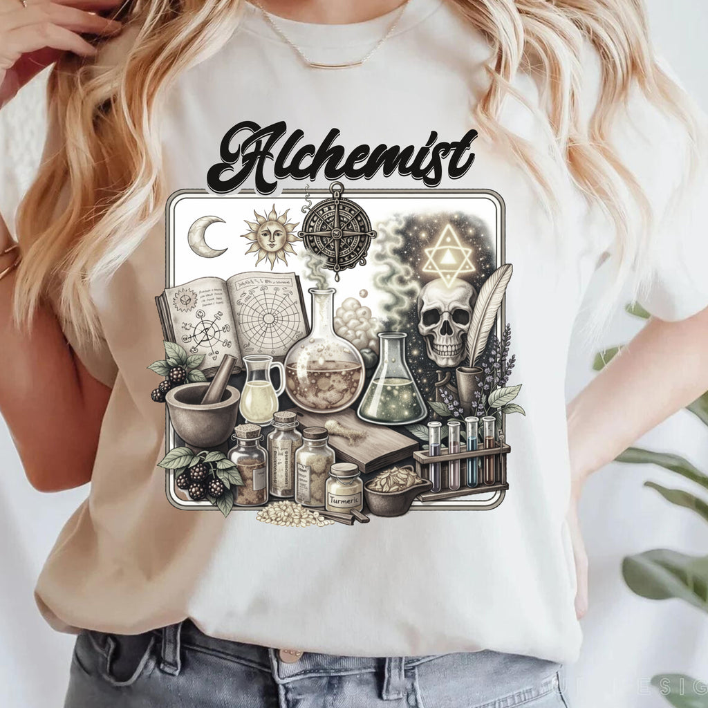 Alchemist T-Shirt — Vintage Apothecary Magic Design - Mystical Tee. Midnight Eye, LLC.