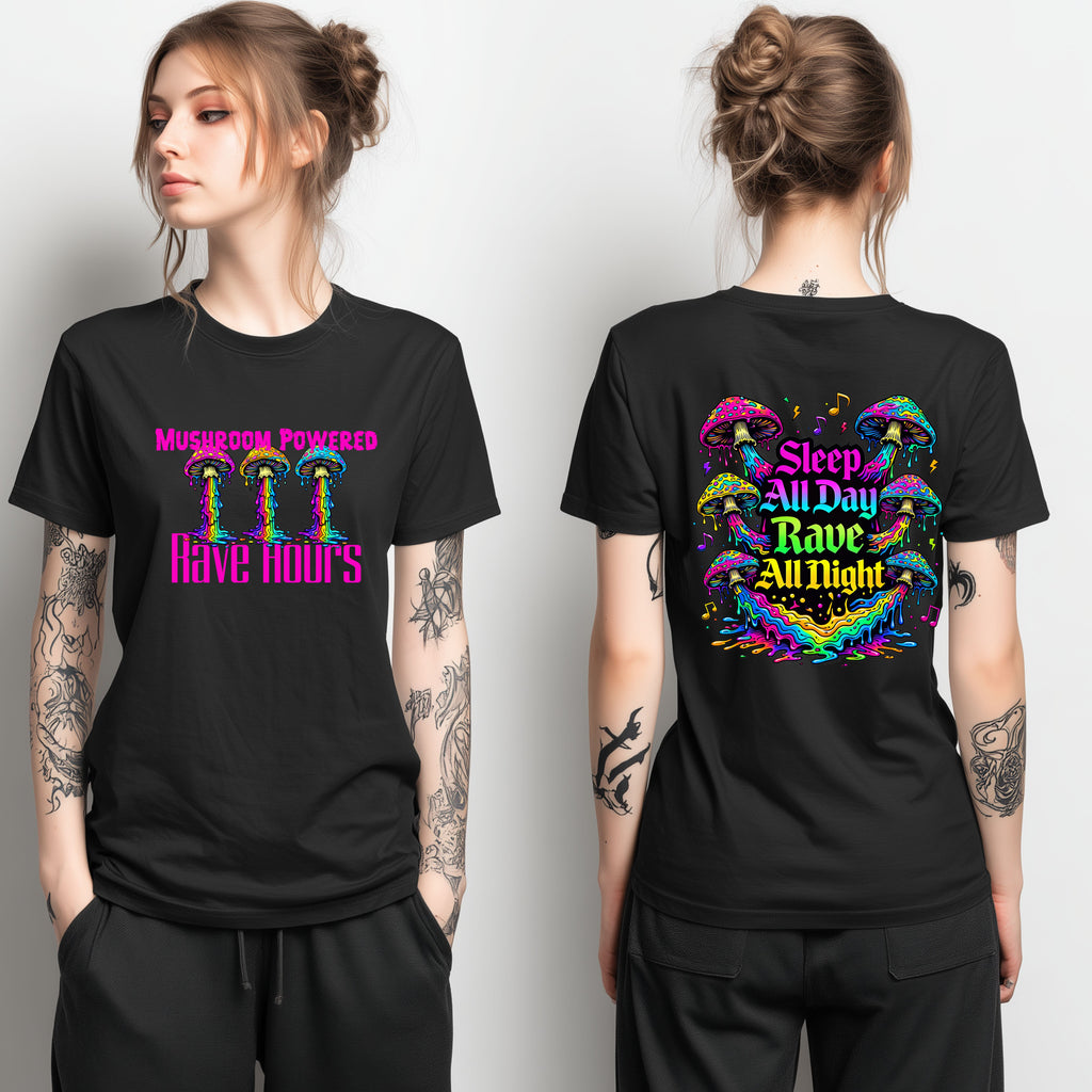 Rave Mushroom T-Shirt — “Mushroom Powered” Psychedelic Festival Tee - Midnight Eye, LLC