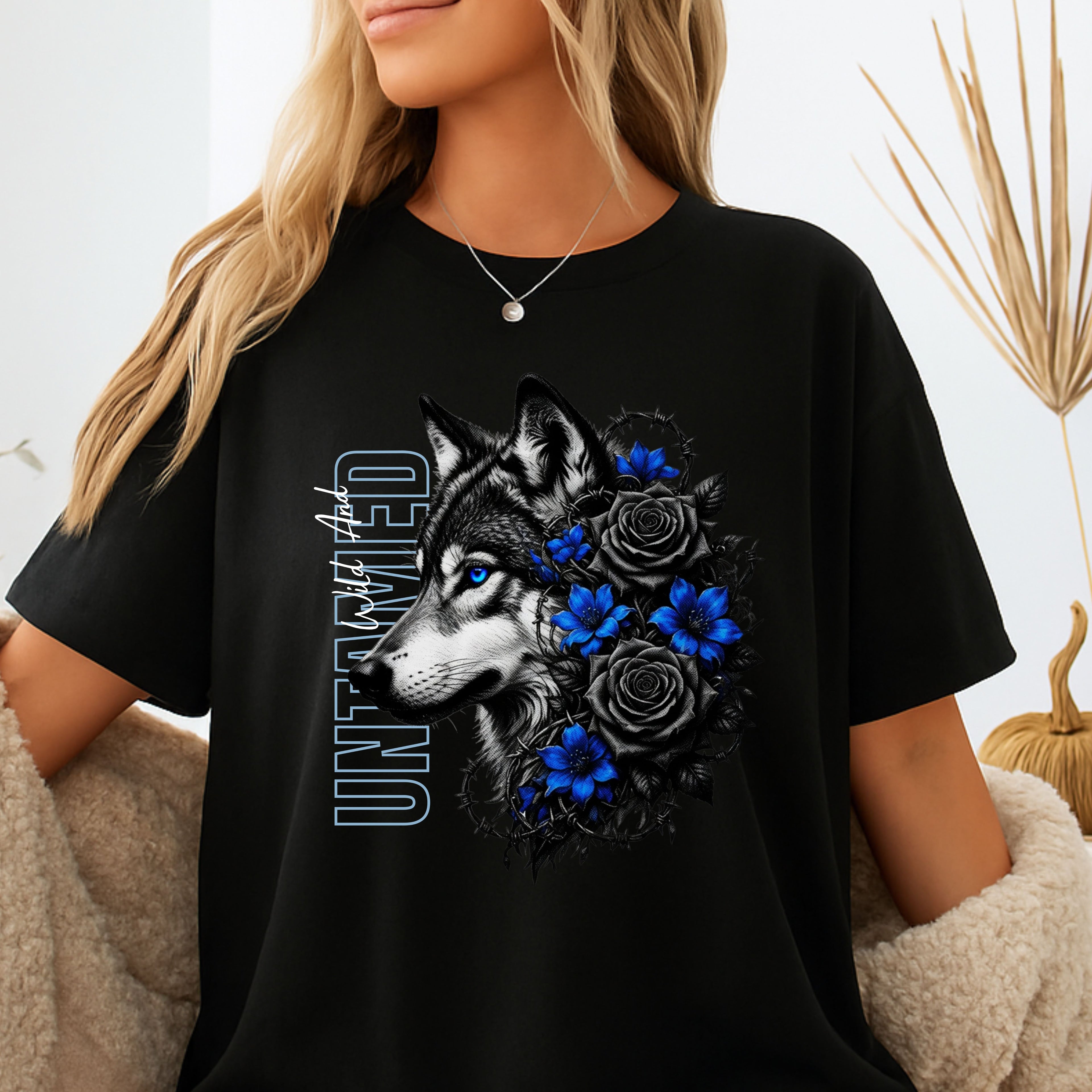 Wolf Floral T-Shirt — "Untamed" Graphic Tee with Blue & Black Roses. Midnight Eye, LLC.