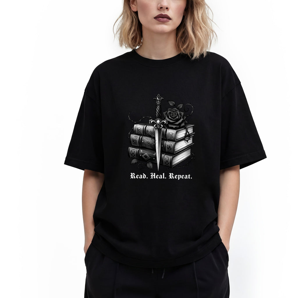 Read. Heal. Repeat. Gothic Book, Rose & Dagger T-Shirt. Books Tee - Dark Aesthetic. Midnight Eye