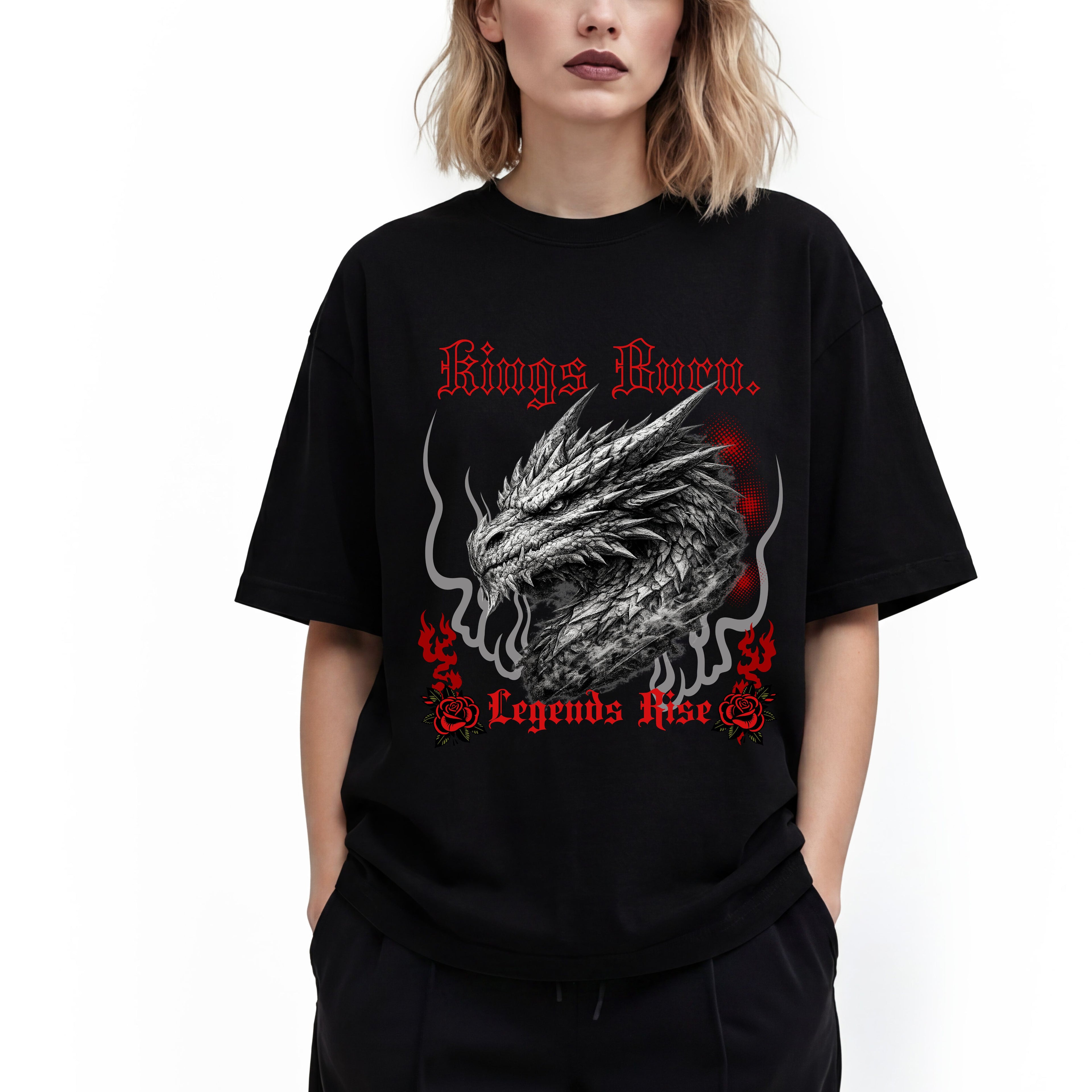 Dragon Head T-Shirt — "Kings Burn. Legends Rise." Red Rose Tattoo Graphic T-Shirt. Midnight Eye, LLC.