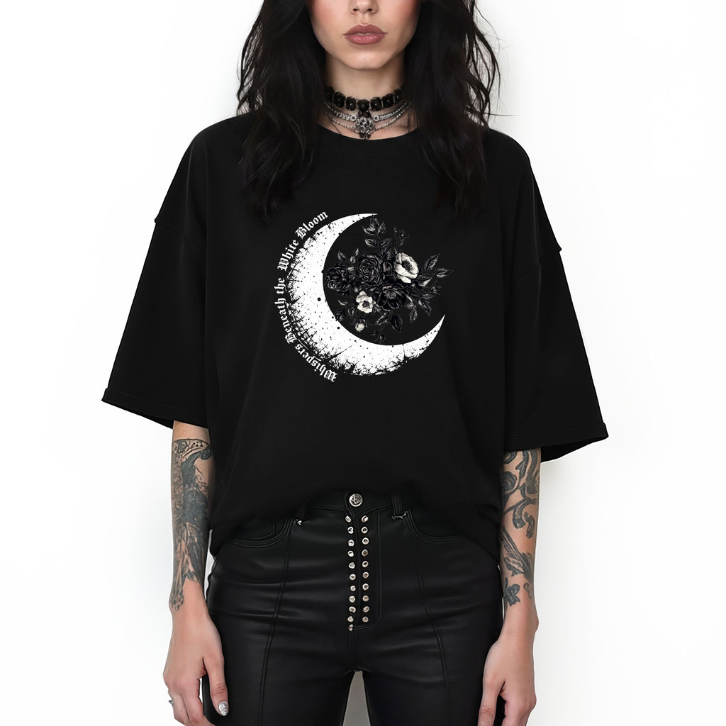 Moonflower Moon Tee — Floral Crescent Moon Graphic T-Shirt - Gothic Moon & Flowers Tee. Midnight Eye, LLC.