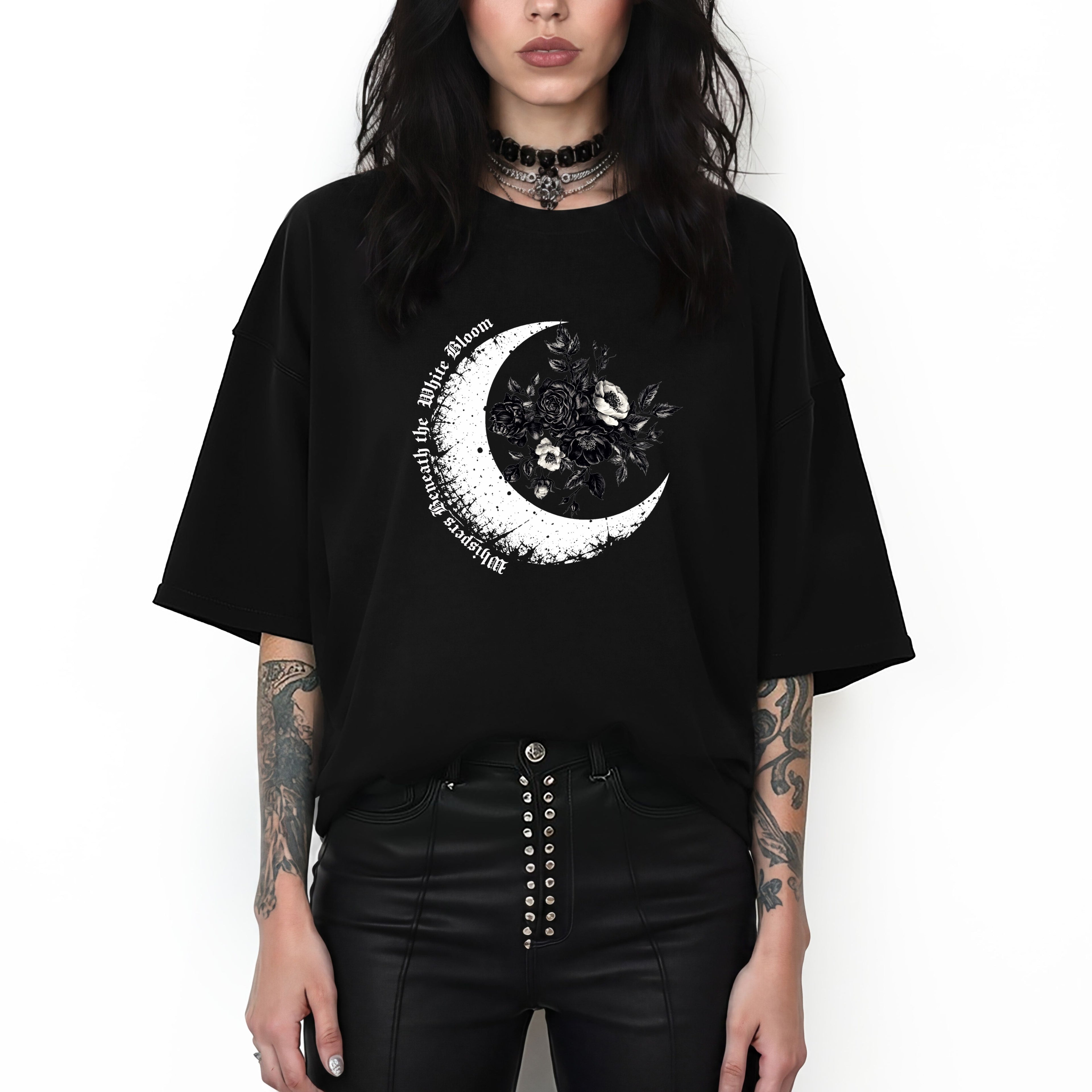 Moonflower Moon Tee — Floral Crescent Moon Graphic T-Shirt - Gothic Moon & Flowers Tee. Midnight Eye, LLC.