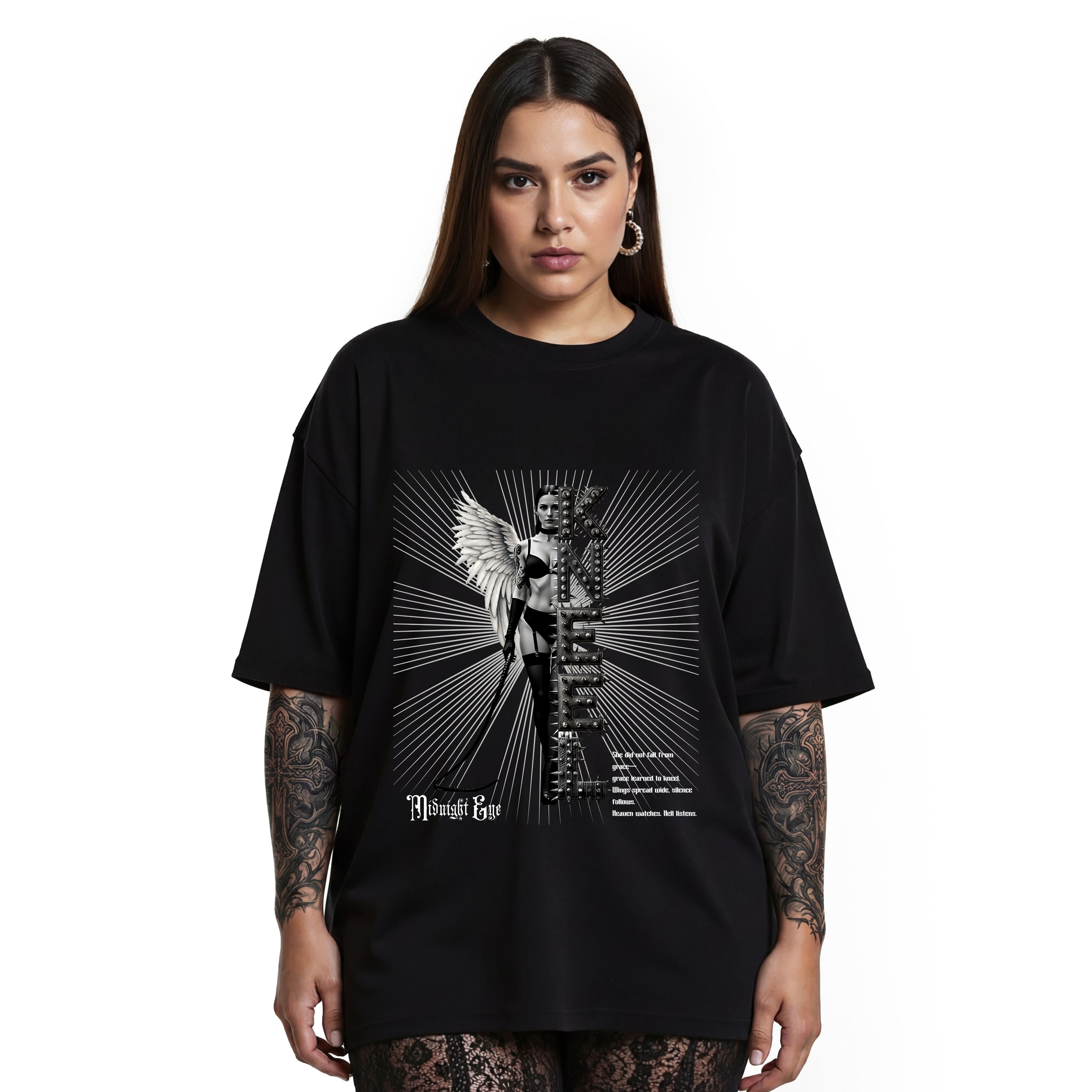 Goth Angel Graphic T-shirt - BDSM Tee- "kneel" Punk Font Tee - Vintage T-shirt. Midnight Eye, LLC.