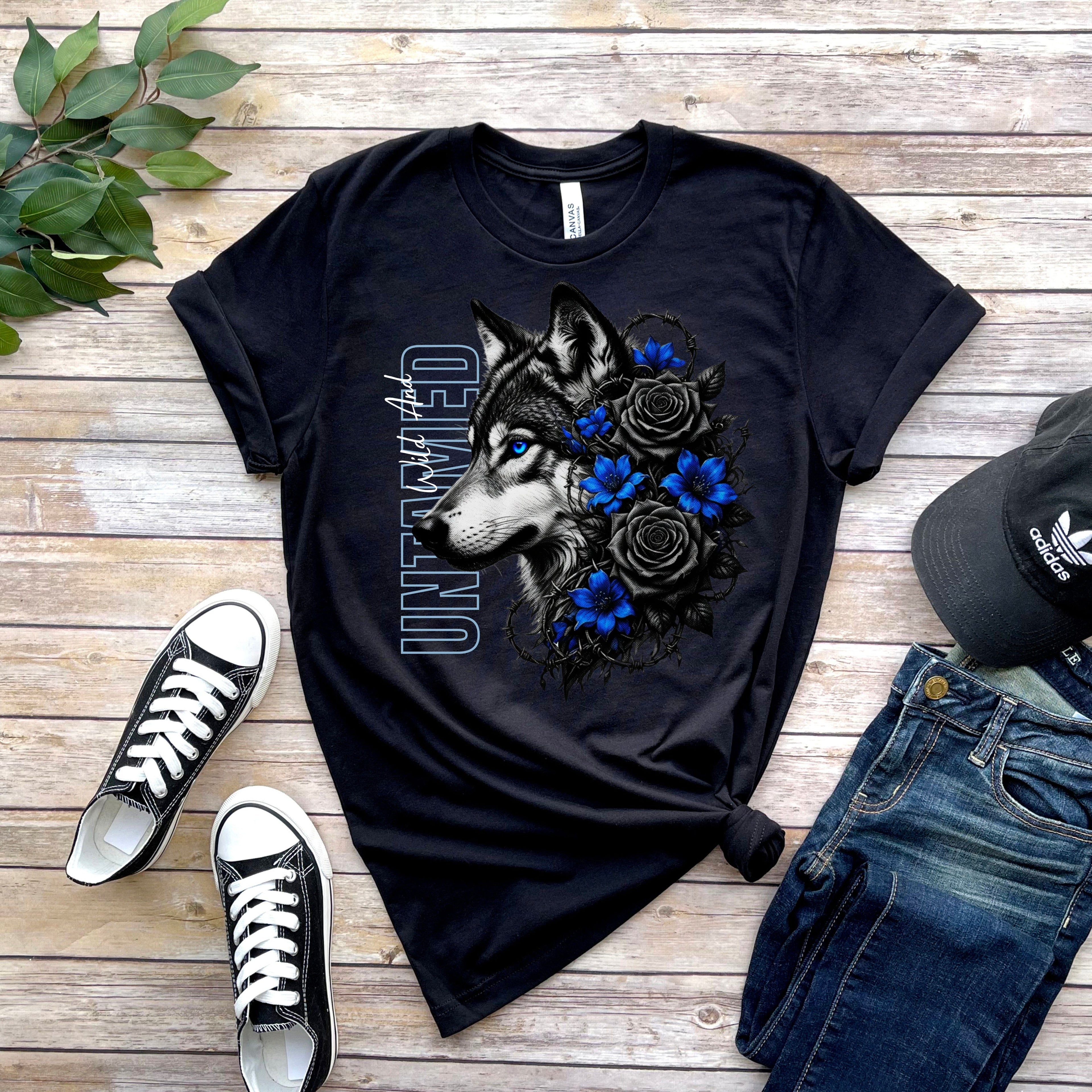 Wolf Floral T-Shirt — "Untamed" Graphic Tee with Blue & Black Roses