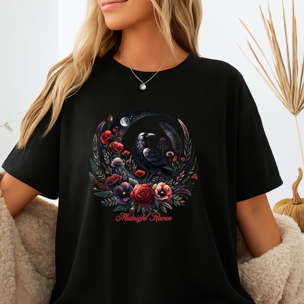 Moon Raven Floral T-Shirt — "Midnight Bloom" Graphic Tee - Mystical Moon Tee - Dark Aesthetic T-Shirt - Midnight Eye, LLC
