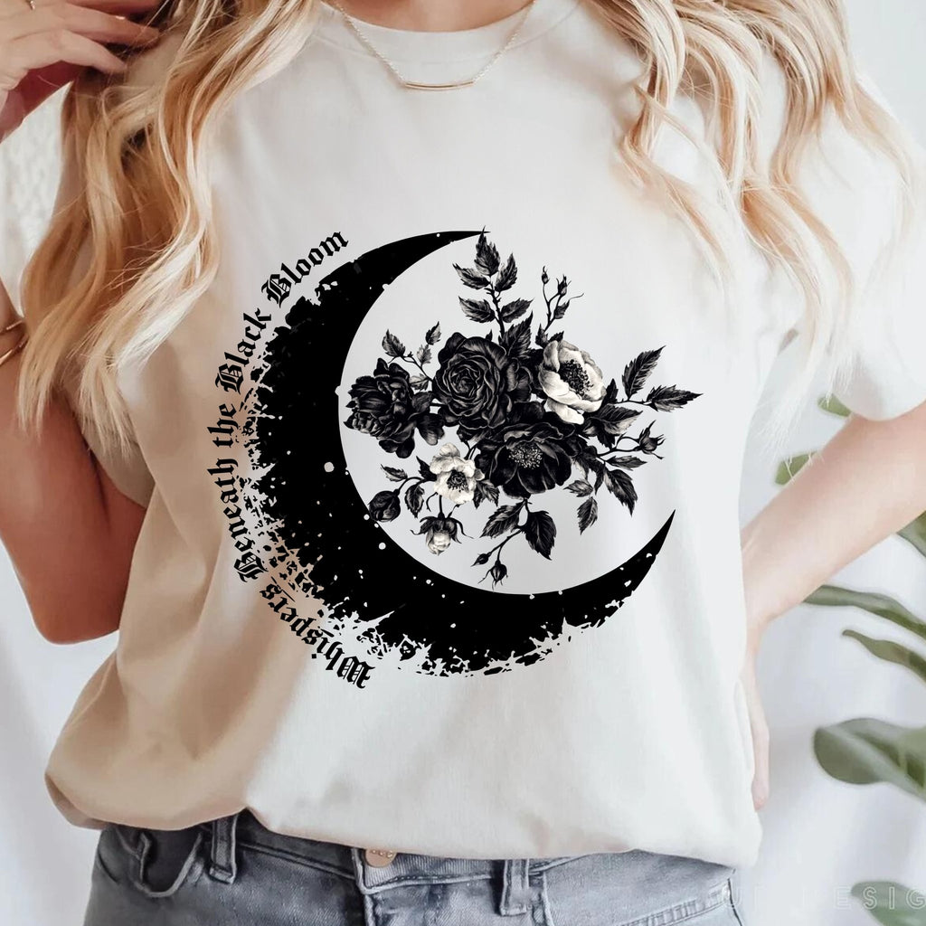 Floral Tee — Crescent Moon Design - Gothic Moon Tee - Dark Aesthetic - Midnight Eye, LLC