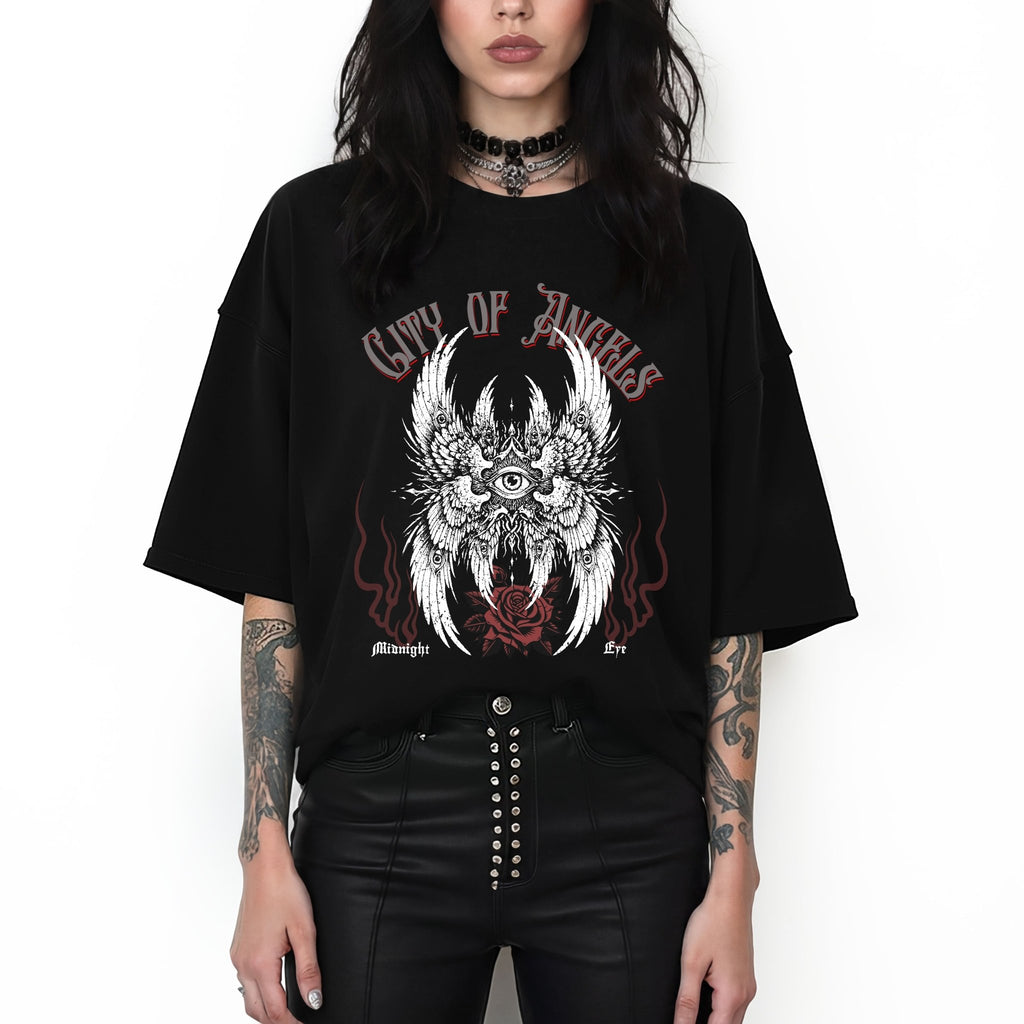 Winged Eye & Red Rose Graphic Tee — Streetwear T-Shirt - Goth Distressed Tee - Midnight Eye, LLC