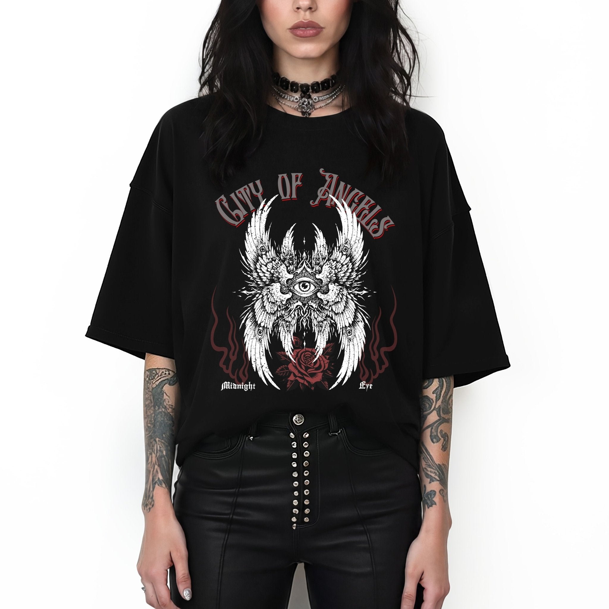 Winged Eye & Red Rose Graphic Tee — Streetwear T-Shirt - Goth Distressed Tee - Midnight Eye, LLC
