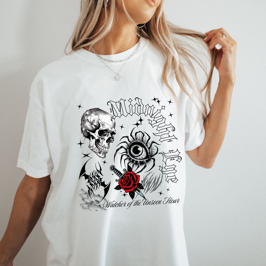 Skull & Red Rose Graphic T-Shirt – Mystic Eye, Tarot - Inspired Gothic Tee - Vintage Tee - Dark Aesthetic T-Shirt - Midnight Eye, LLC