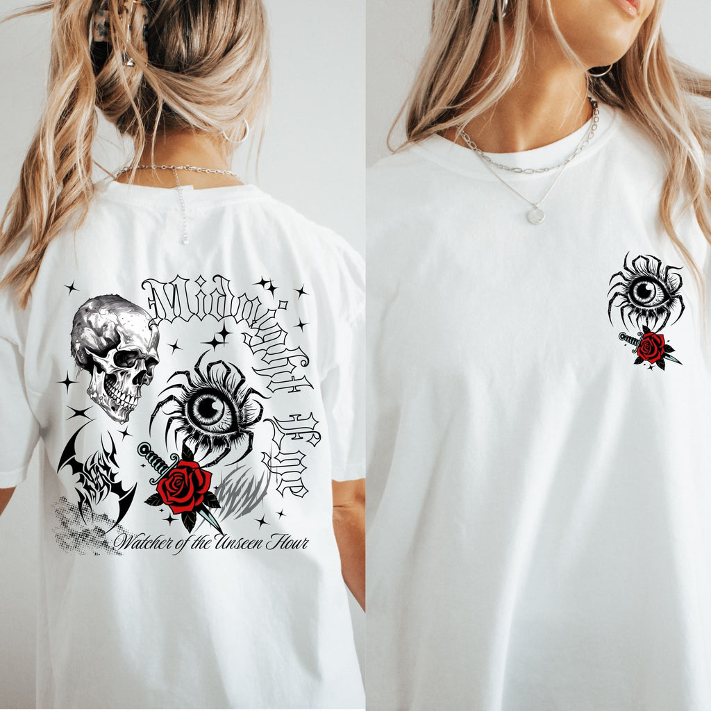 Graphic Skull & Red Rose Gothic T‑Shirt - Edgy Streetwear T-Shirt - Vintage Tee - Dark Aesthetic Tee - Midnight Eye, LLC