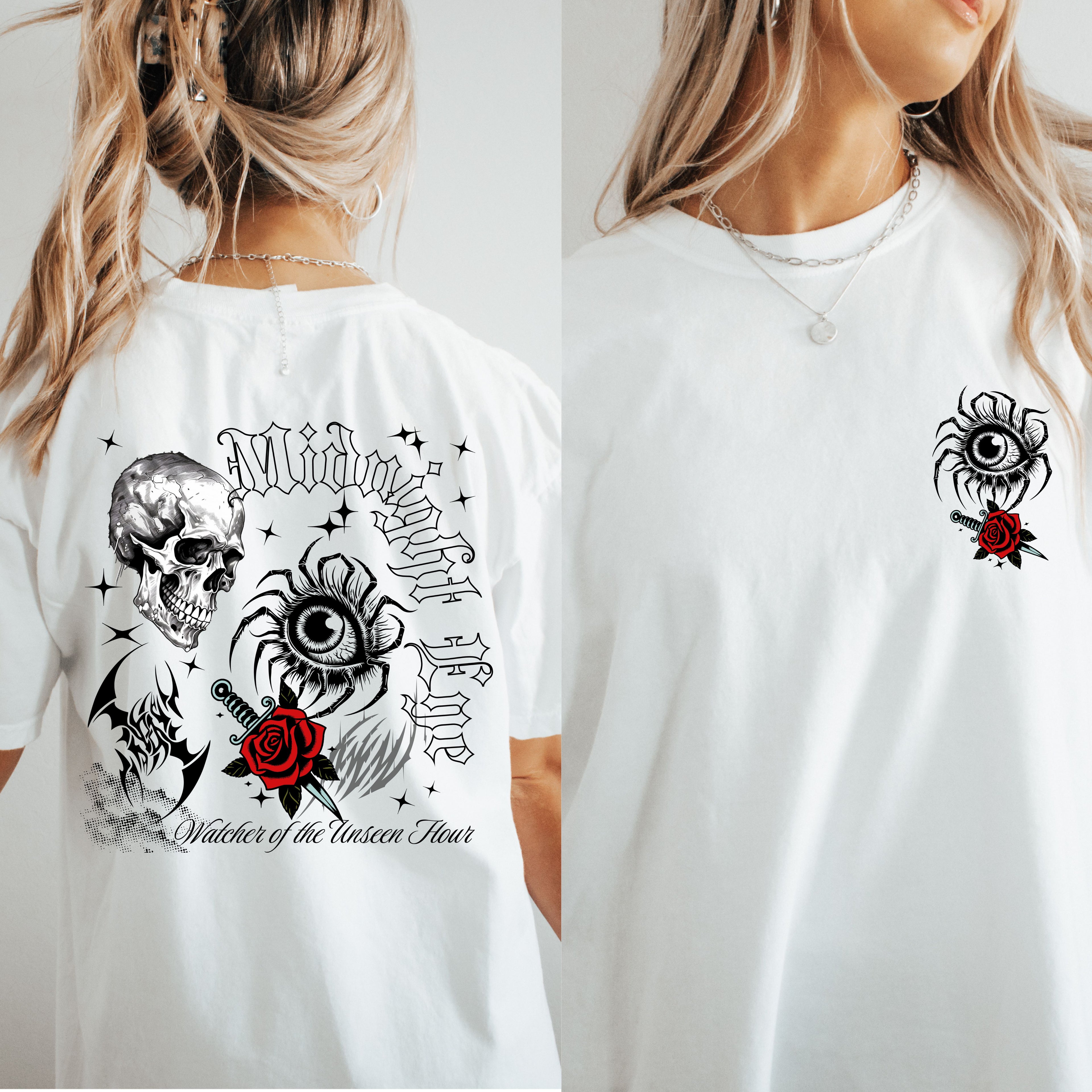 Graphic Skull & Red Rose Gothic T‑Shirt - Edgy Streetwear T-Shirt - Vintage Tee - Dark Aesthetic Tee - Midnight Eye, LLC