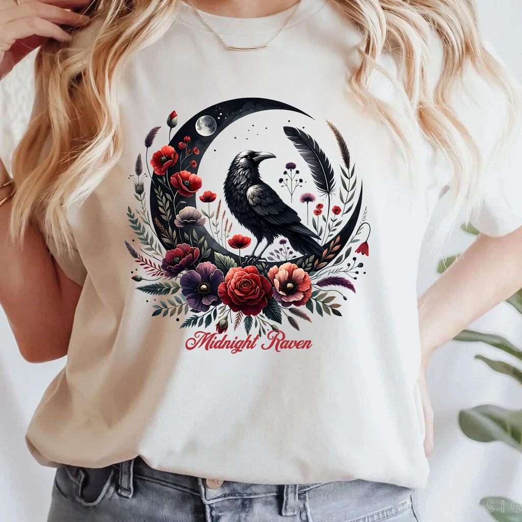 Moon Raven Floral T-Shirt — "Midnight Bloom" Graphic Tee - Mystical Moon Tee - Dark Aesthetic T-Shirt - Midnight Eye, LLC