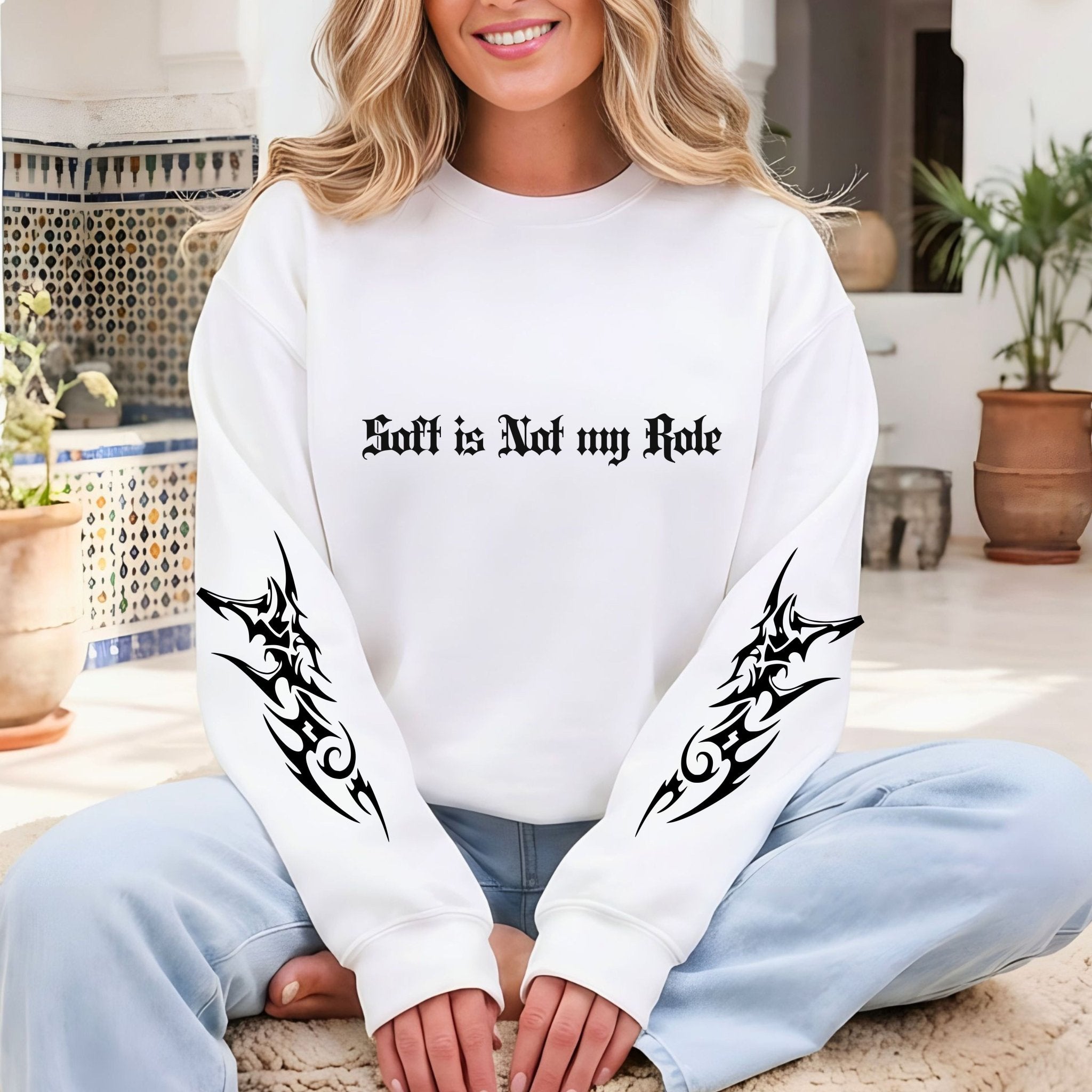 Long Sleeve Tee — 'Soft is Not my Role' Gothic Graphic with Angel & Tribal Sleeves - Midnight Eye, LLC