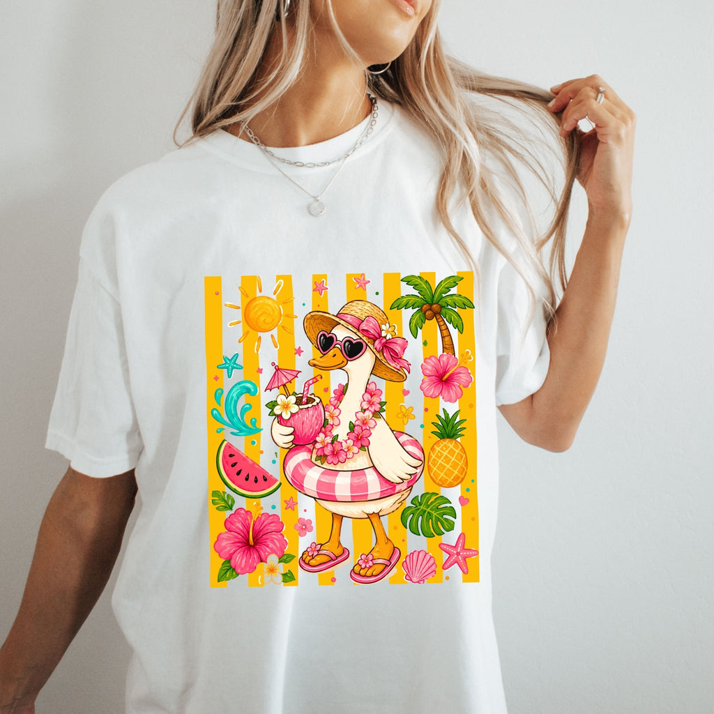Silly Goose & Flamingo Tropical Beach Tee — Summer Vacation Shirt - Midnight Eye, LLC