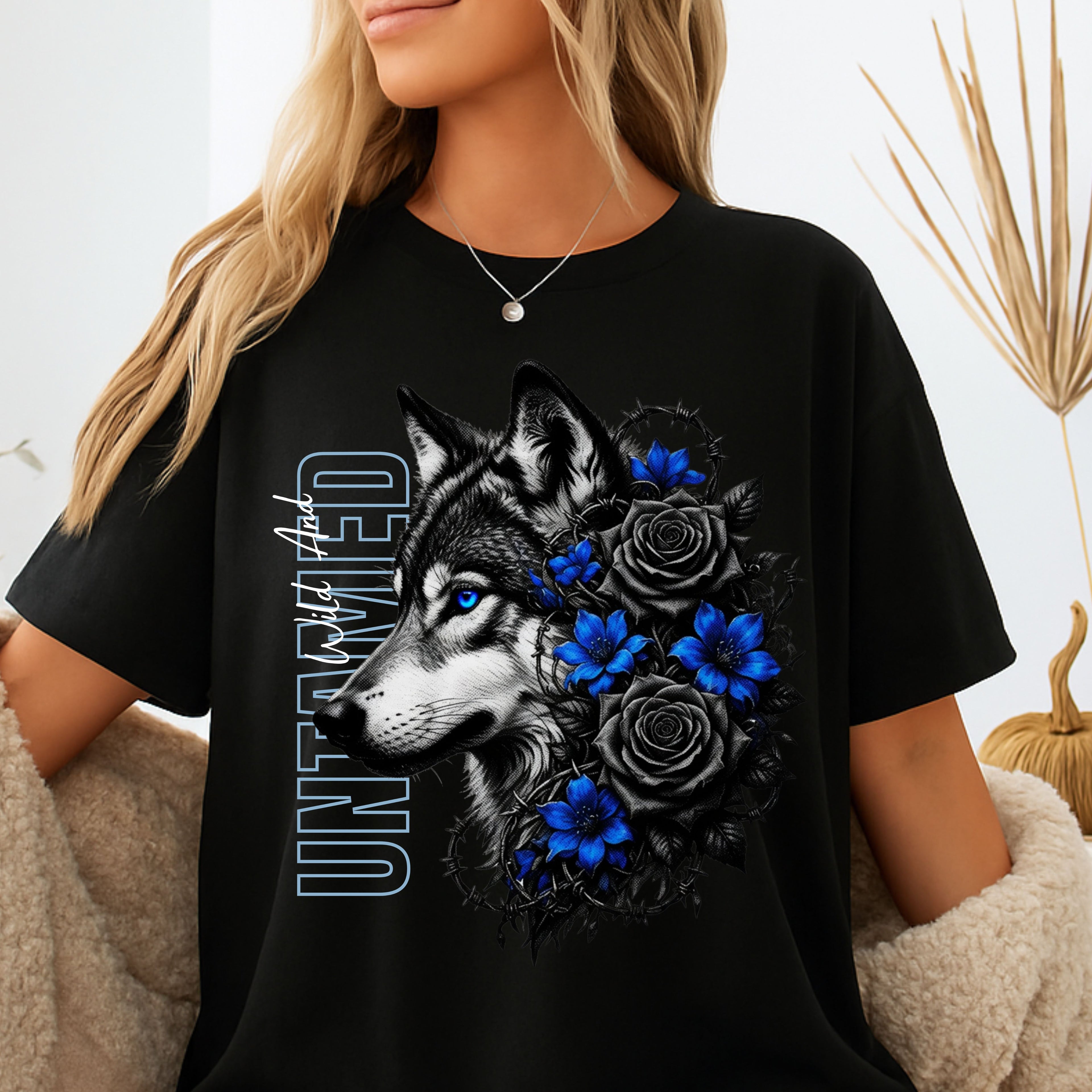 Wolf Floral T-Shirt — "Untamed" Graphic Tee with Blue & Black Roses. Midnight Eye, LLC