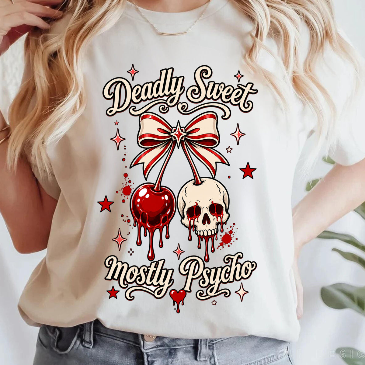 Deadly Sweet Mostly Psycho Graphic T-Shirt - Retro Tee. Midnight Eye, LLC