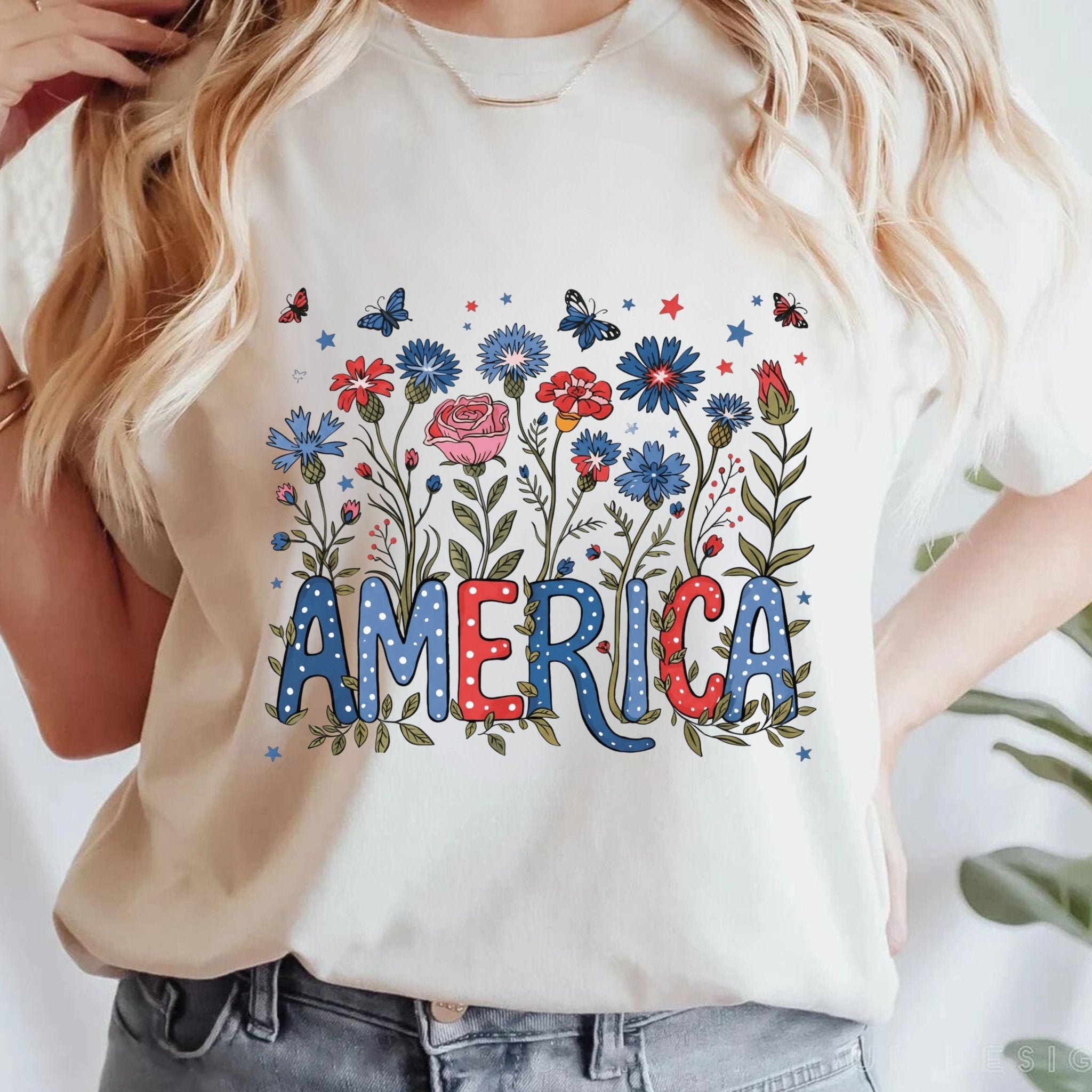 America Floral T‑Shirt — Patriotic Red, White & Blue Garden Graphic Tee - 4th of July T-Shirt - Midnight Eye, LLC