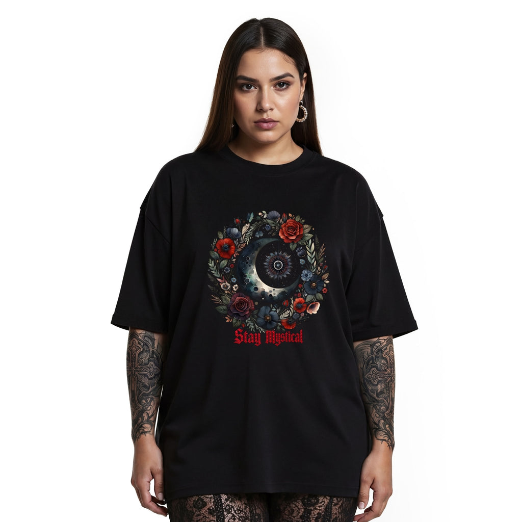 Mystical Moon T-Shirt — “Stay Mystical” Floral Crescent Tee - Dark Aesthetic T-Shirt - Midnight Eye, LLC