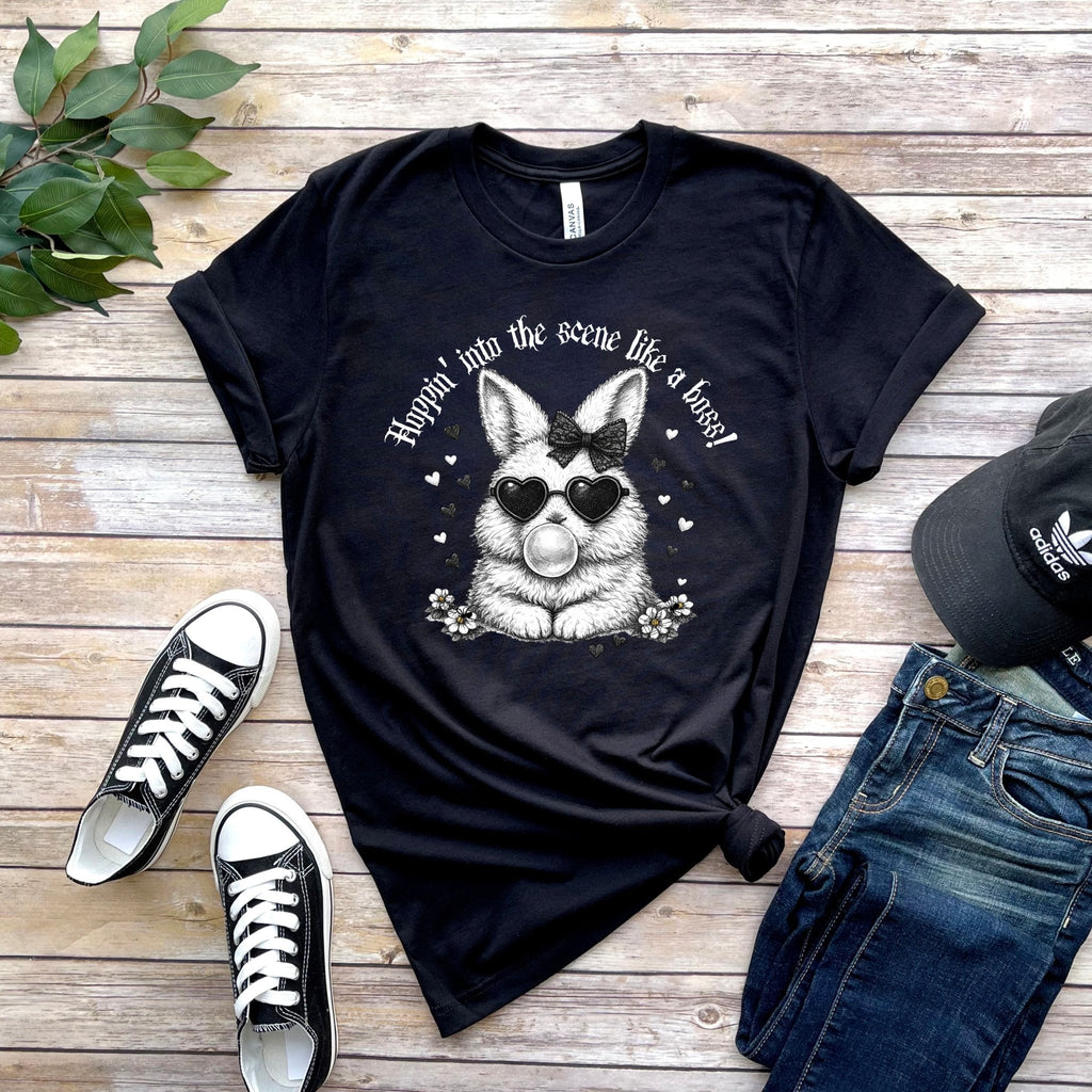 Retro Goth Bunny T‑Shirt — Vintage Monochrome Gothic Tee - Dark Aesthetic T-Shirt - Midnight Eye, LLC
