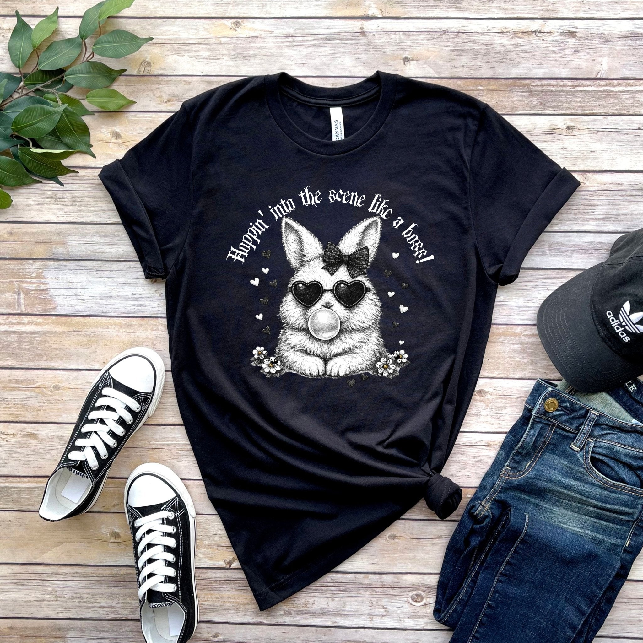 Retro Goth Bunny T‑Shirt — Vintage Monochrome Gothic Tee - Dark Aesthetic T-Shirt - Midnight Eye, LLC