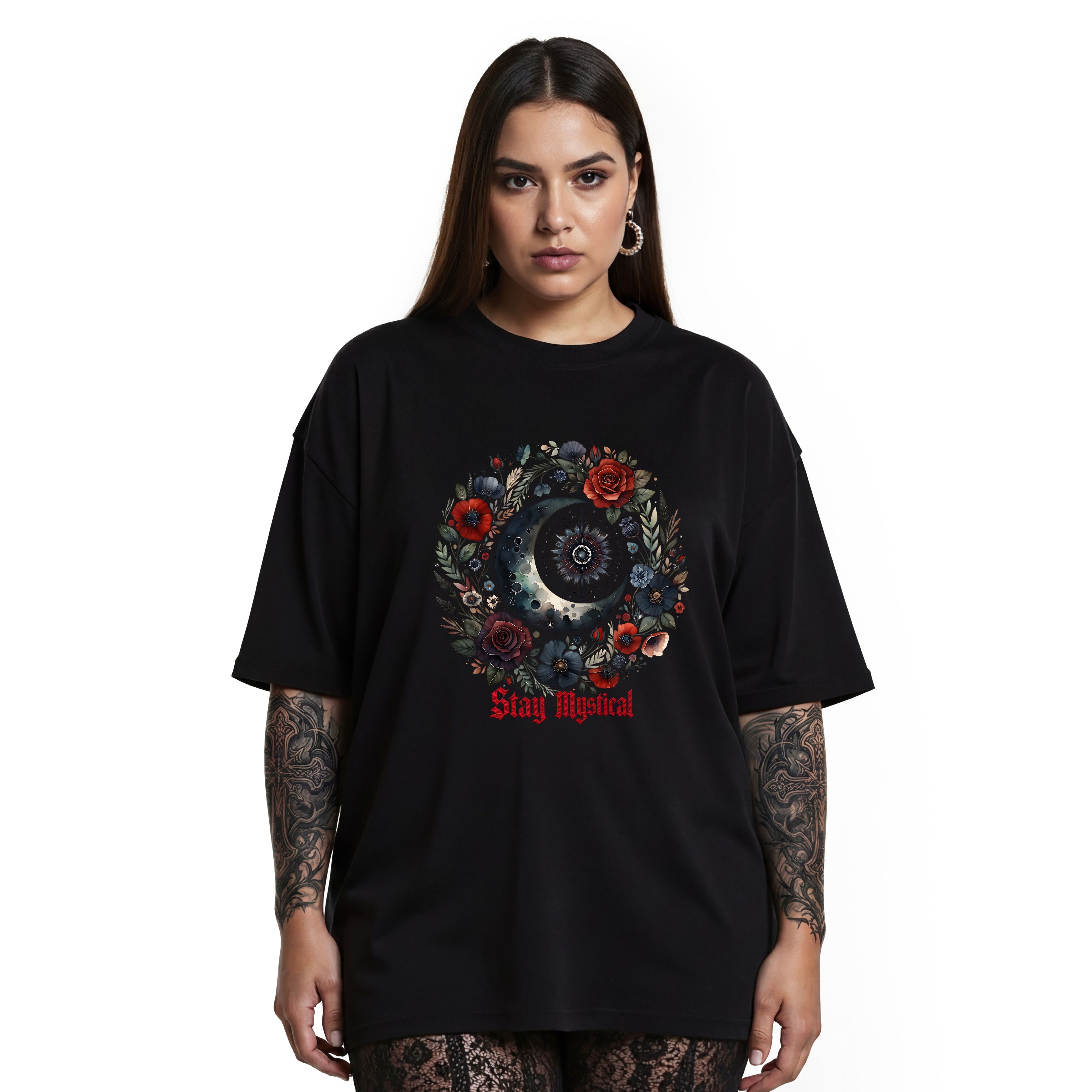 Mystical Moon T-Shirt — “Stay Mystical” Floral Crescent Tee - Dark Aesthetic T-Shirt. Midnight Eye, LLC.
