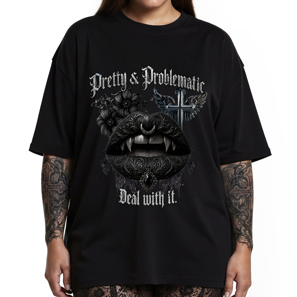 Pretty & Problematic Graphic T‑Shirt — 'Deal With It' Gothic Lips and Fangs Design. Midnight Eye, LLC