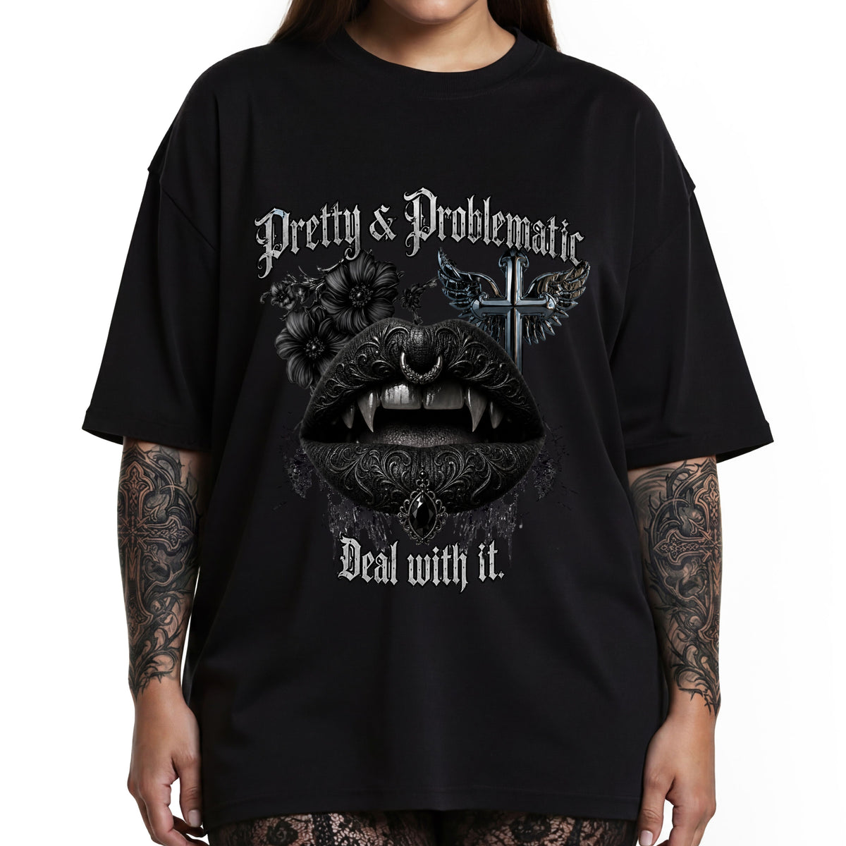 Pretty & Problematic Graphic T‑Shirt — 'Deal With It' Gothic Lips and Fangs Design. Midnight Eye, LLC